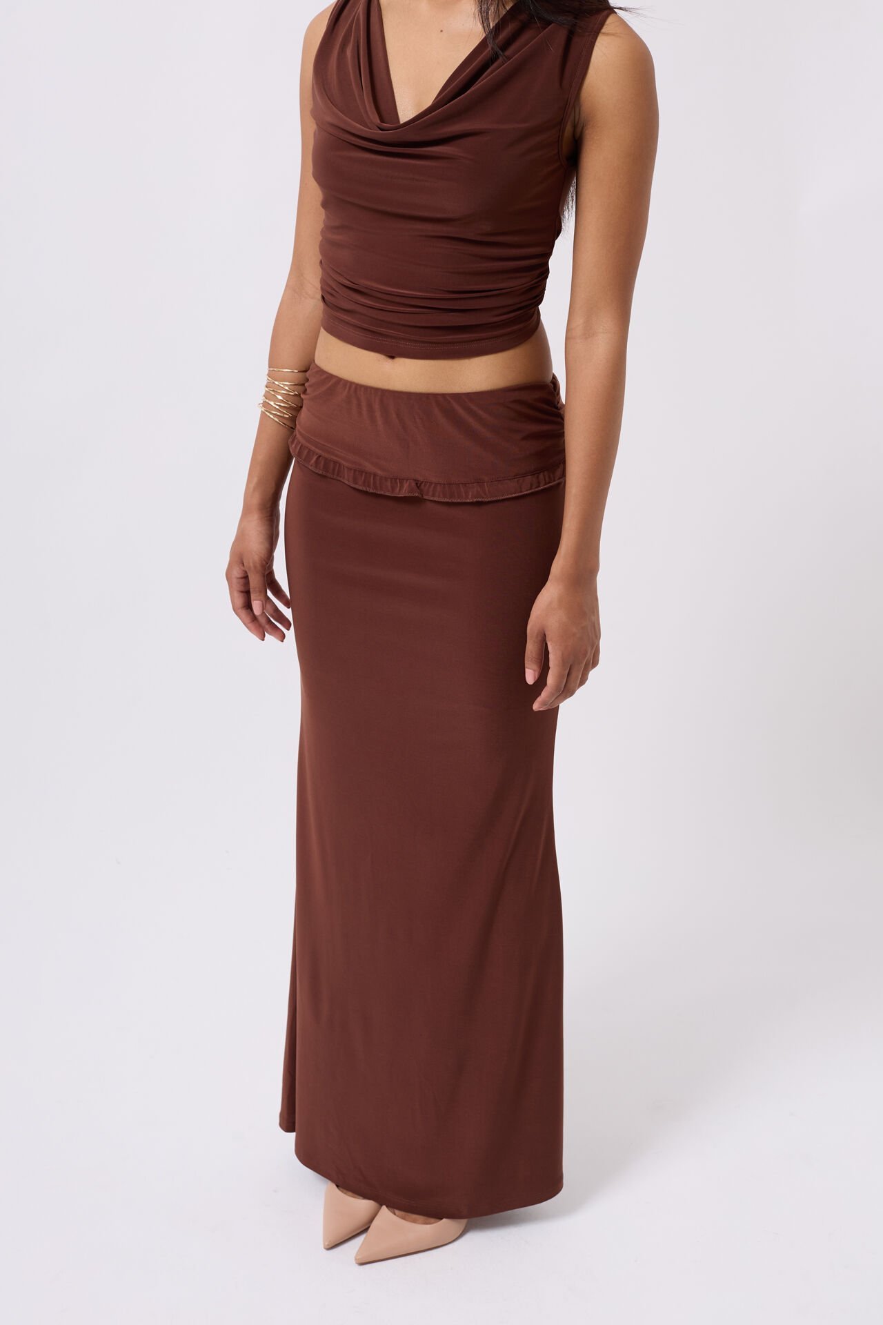 Toptan Katlama Bel Detay Maxi Kahverengi Etek