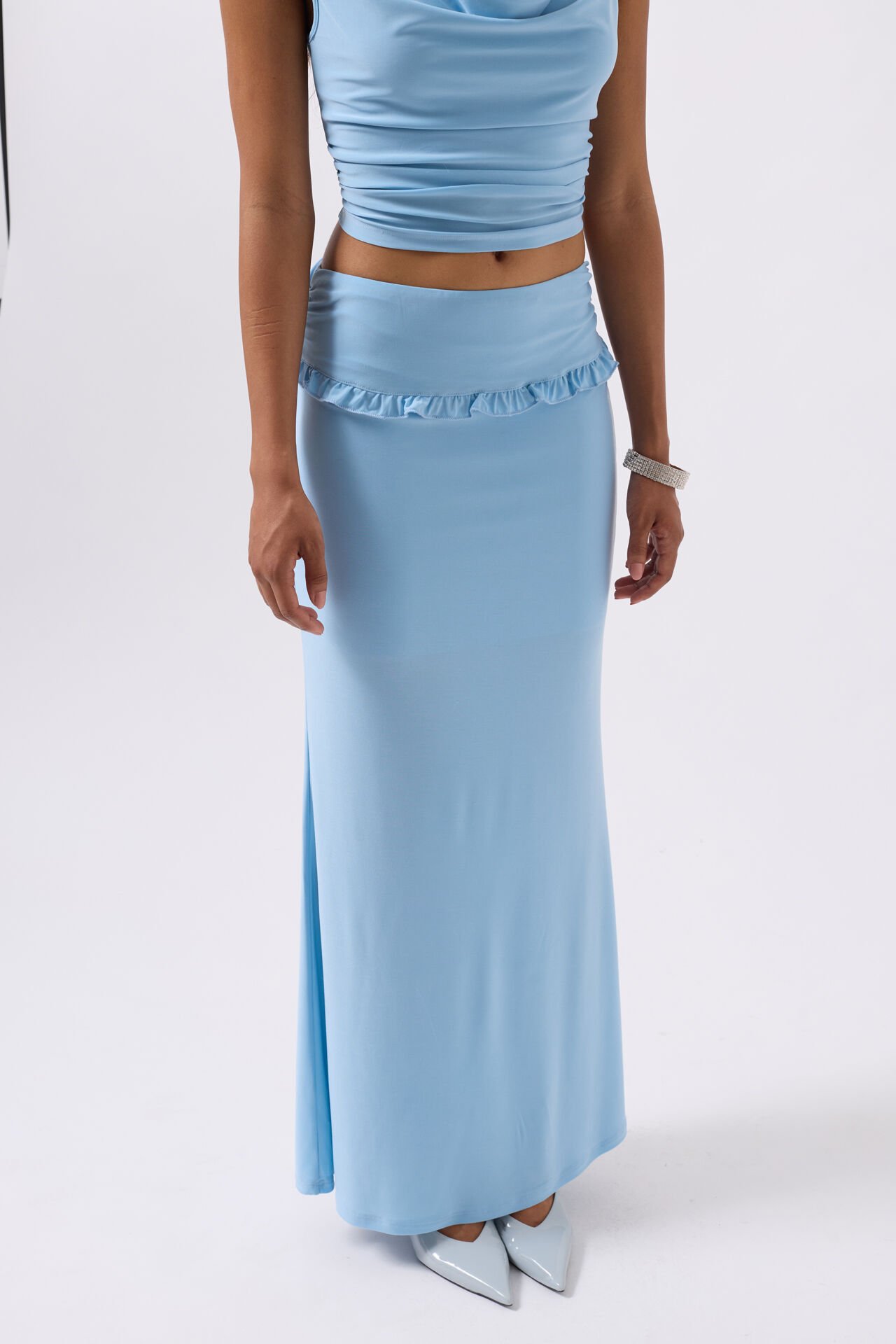 Wholesale Fold Waist Detail Maxi Blue Skirt