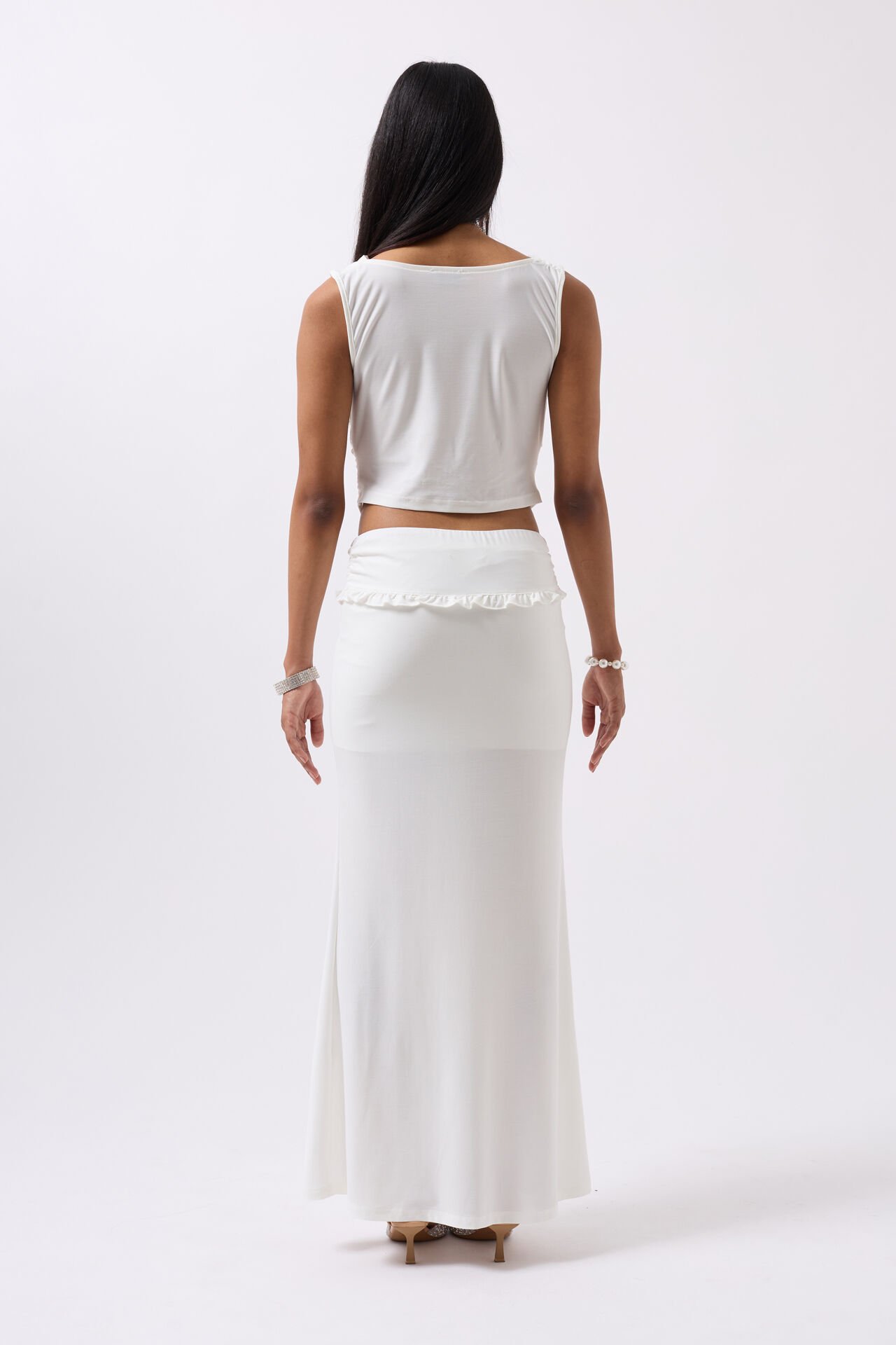 Toptan Katlama Bel Detay Maxi Beyaz Etek