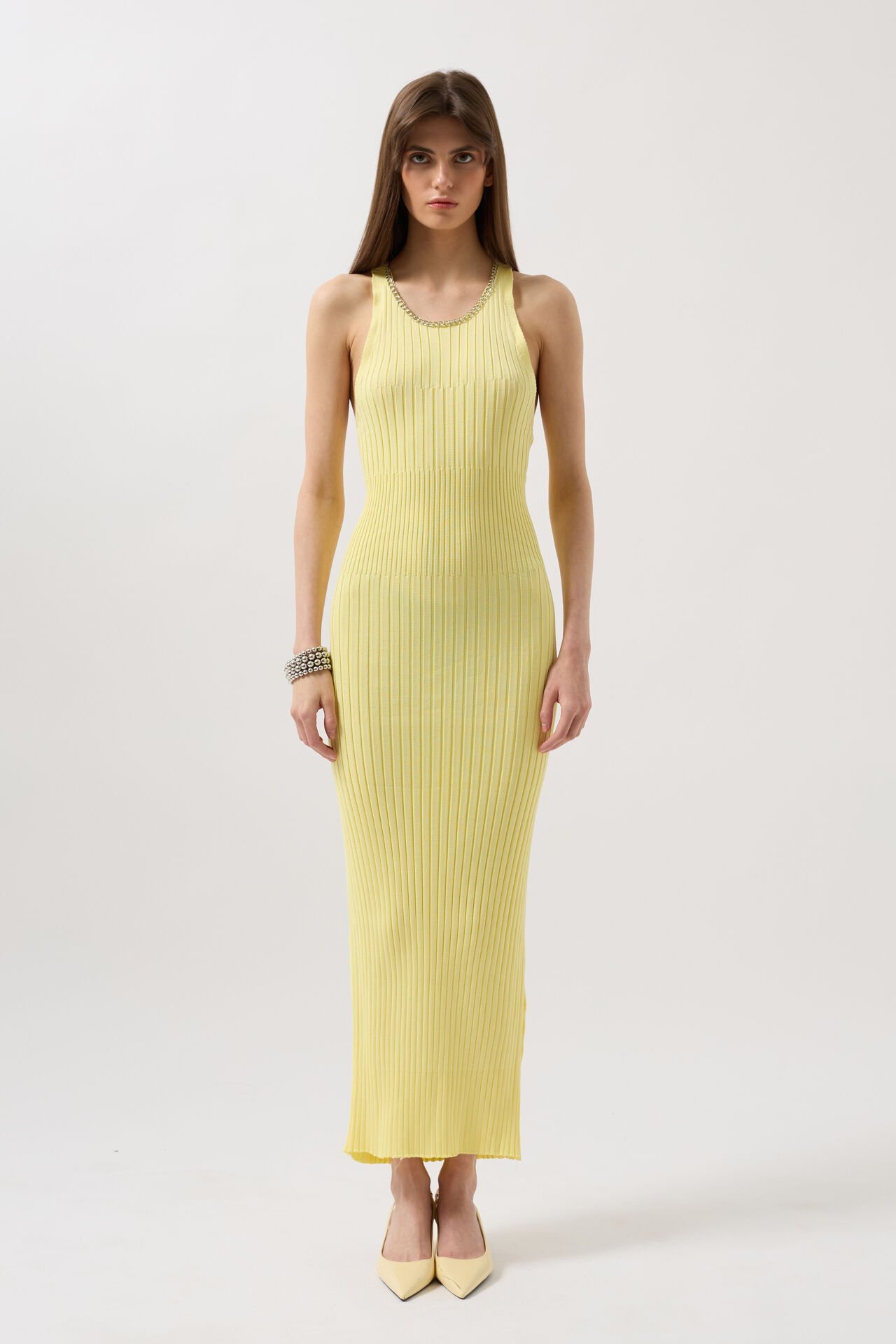 Wholesale Halter Neck Chain Accessory Cross Strap Yellow Dress