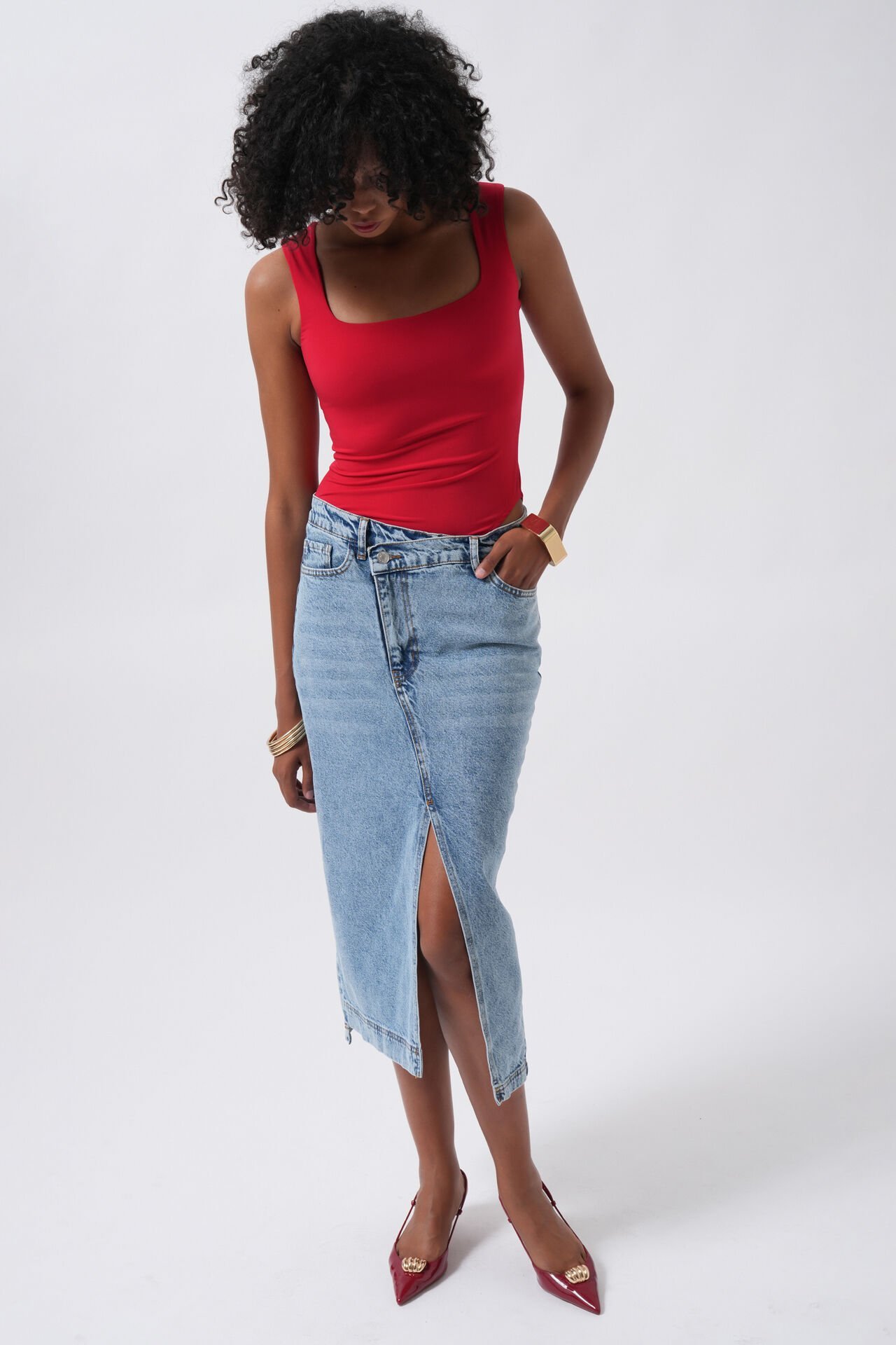 Toptan Yırtmaç Detay Denim Midi Açık Mavi Etek