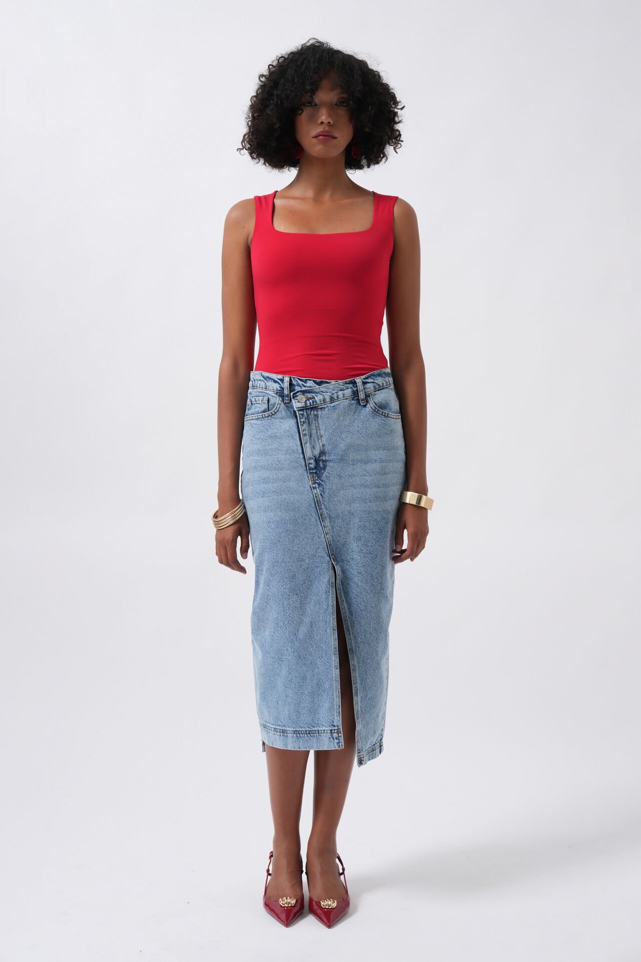 Toptan Yırtmaç Detay Denim Midi Açık Mavi Etek