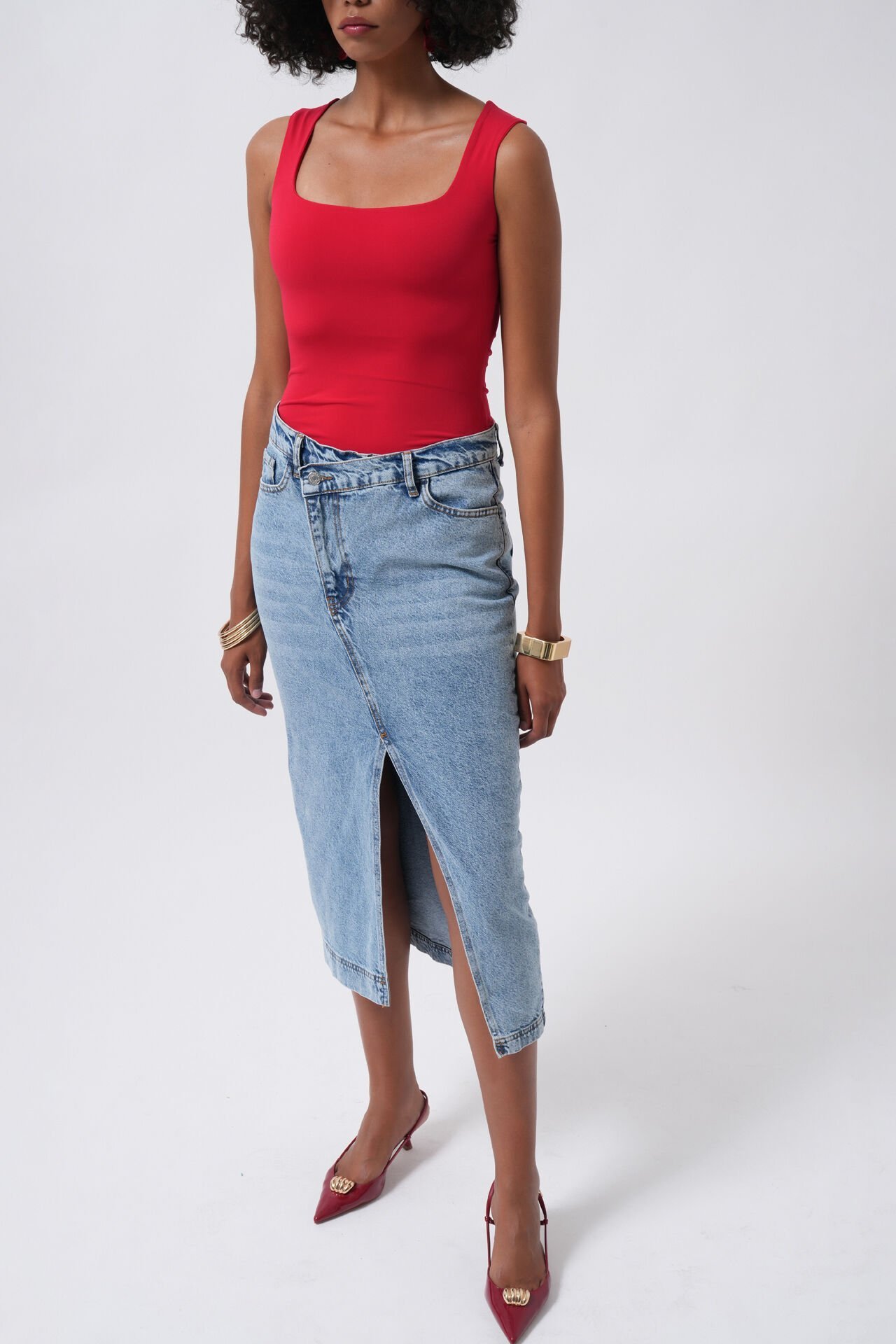 Toptan Yırtmaç Detay Denim Midi Açık Mavi Etek