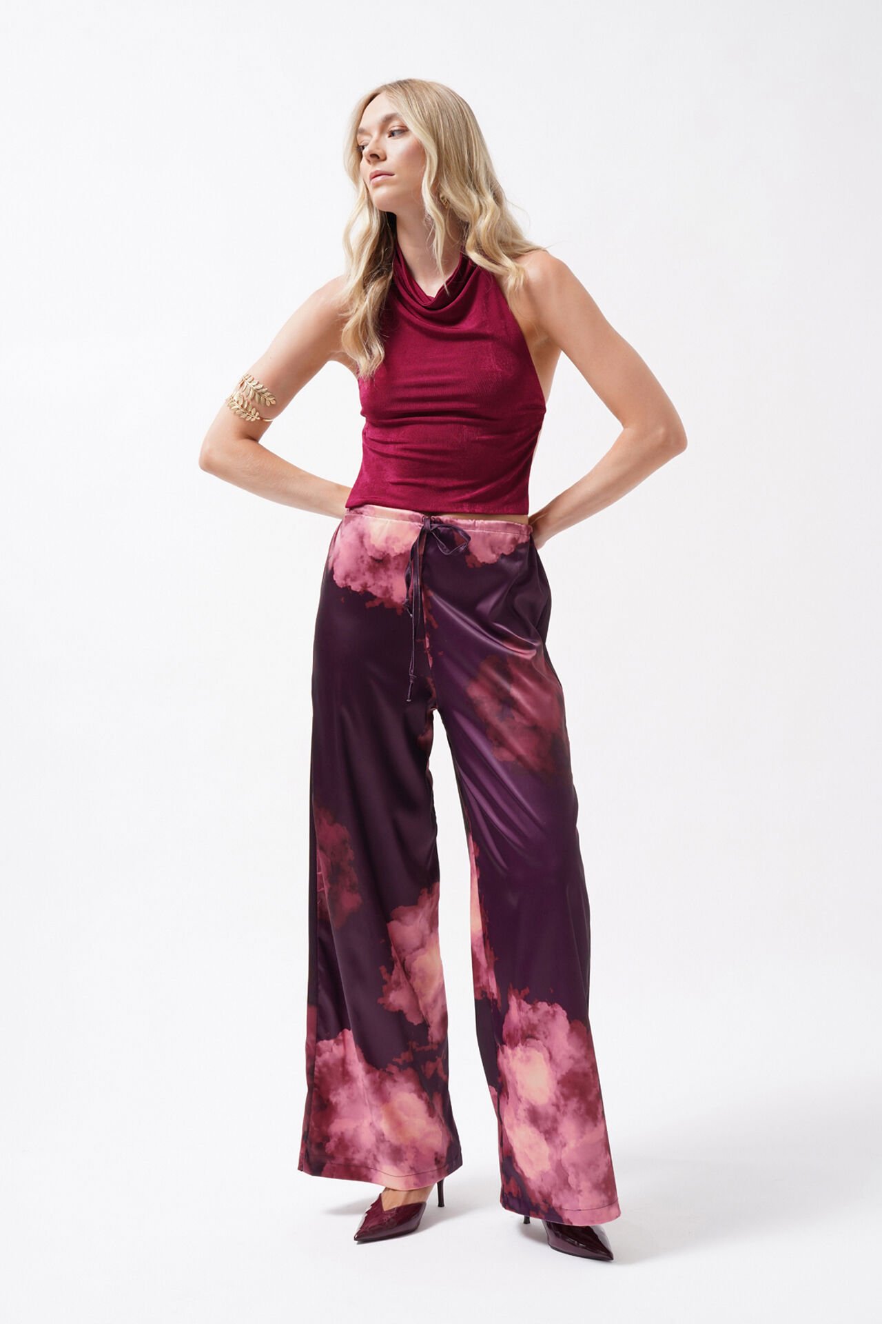 Toptan Bel Lastikli Desenli Saten Bordo Pantolon