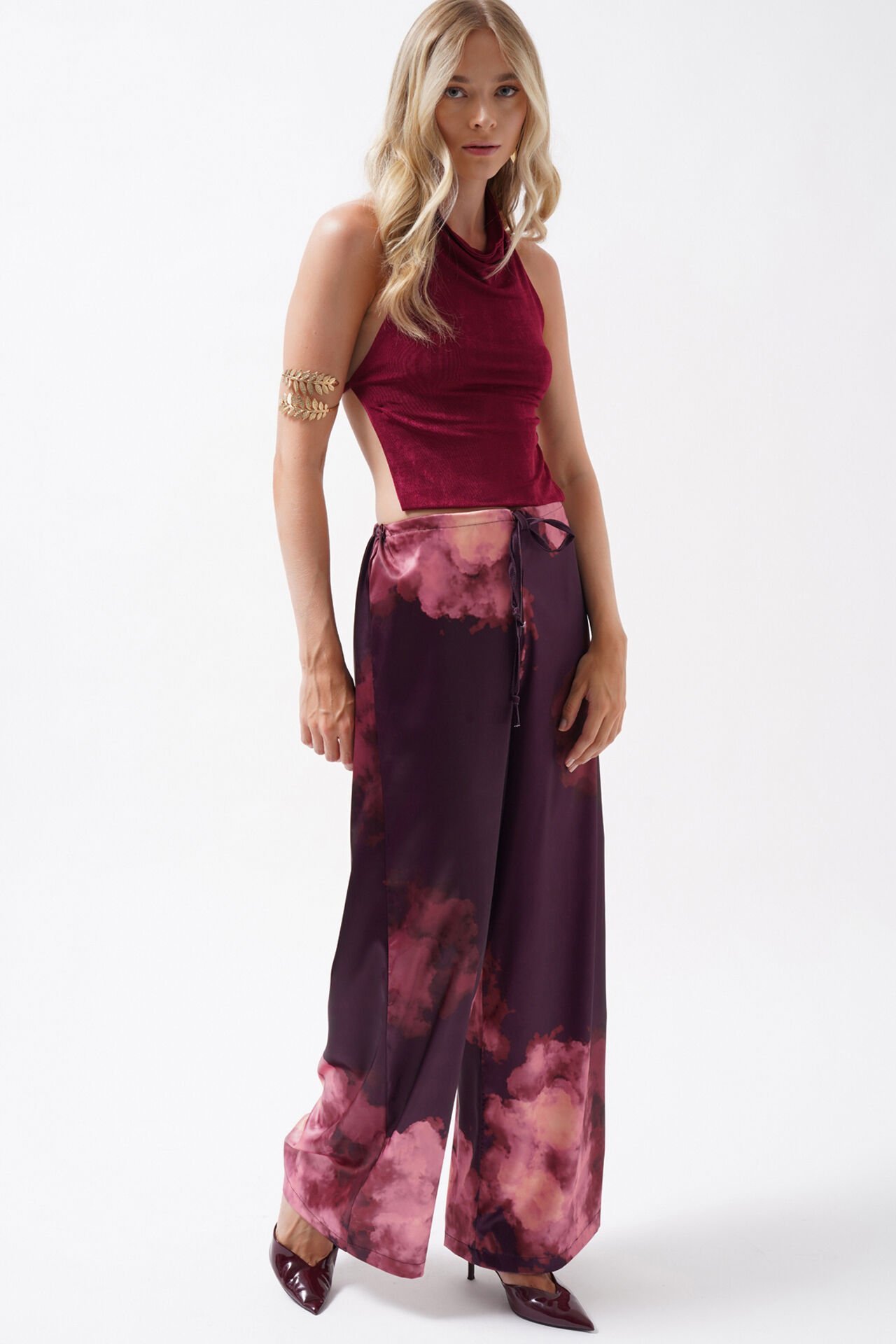 Toptan Bel Lastikli Desenli Saten Bordo Pantolon