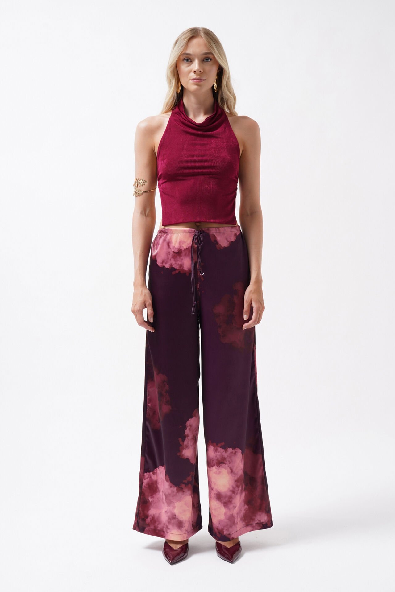 Toptan Bel Lastikli Desenli Saten Bordo Pantolon