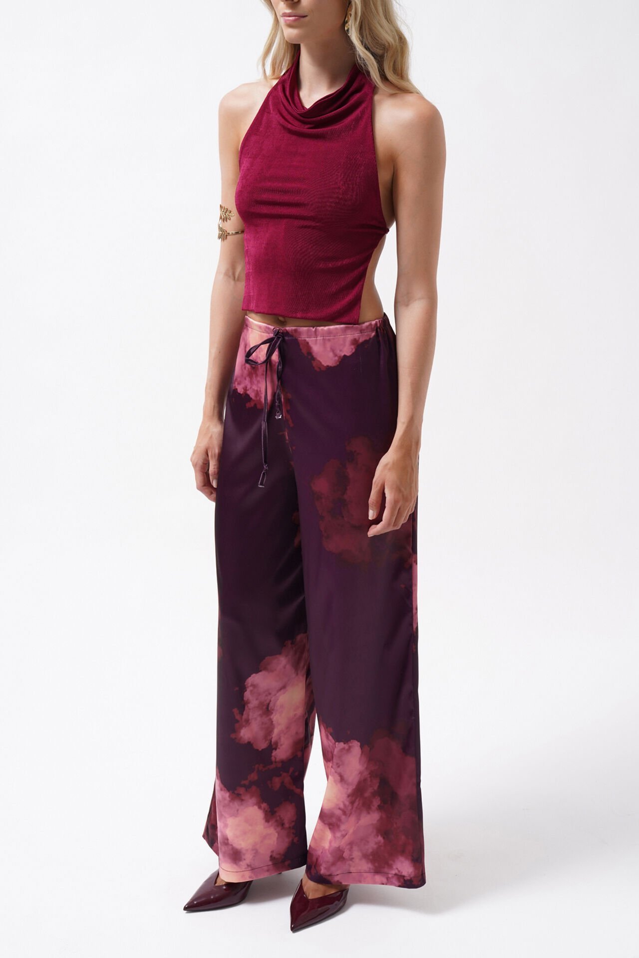 Toptan Bel Lastikli Desenli Saten Bordo Pantolon