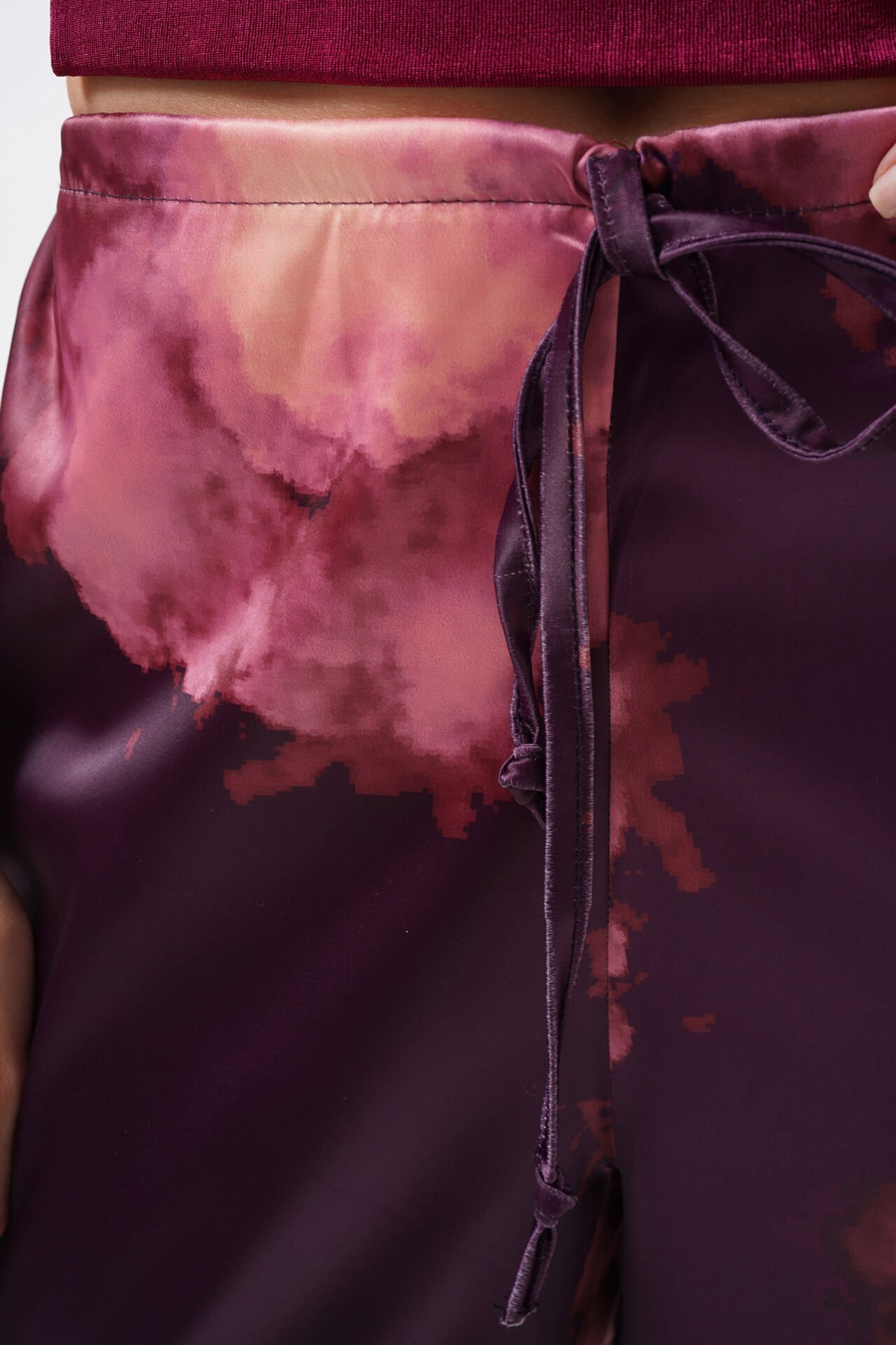 Toptan Bel Lastikli Desenli Saten Bordo Pantolon