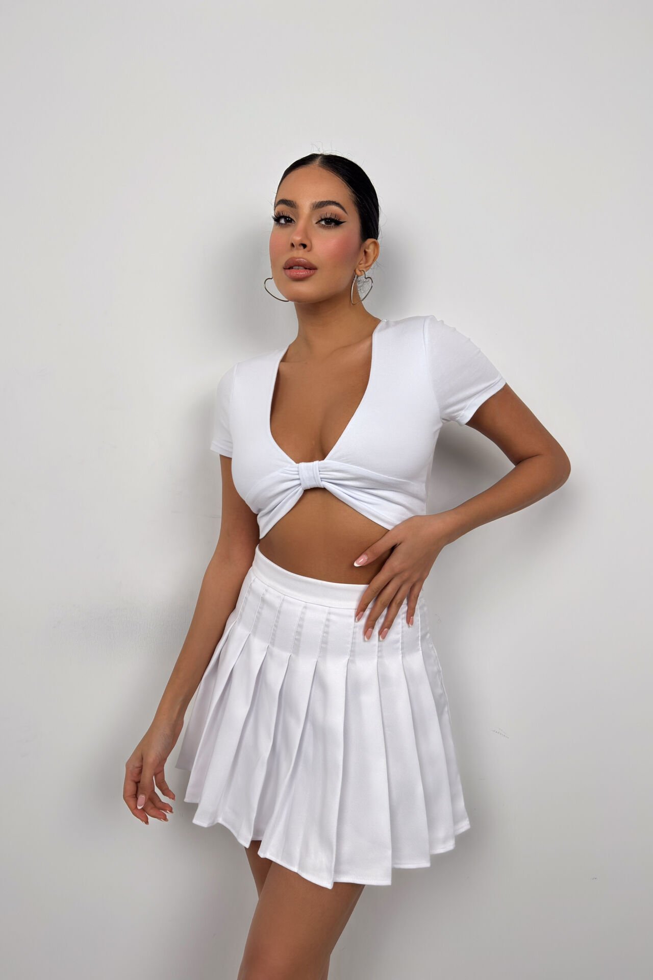 Toptan Büzgü Detay Beyaz Crop Bluz