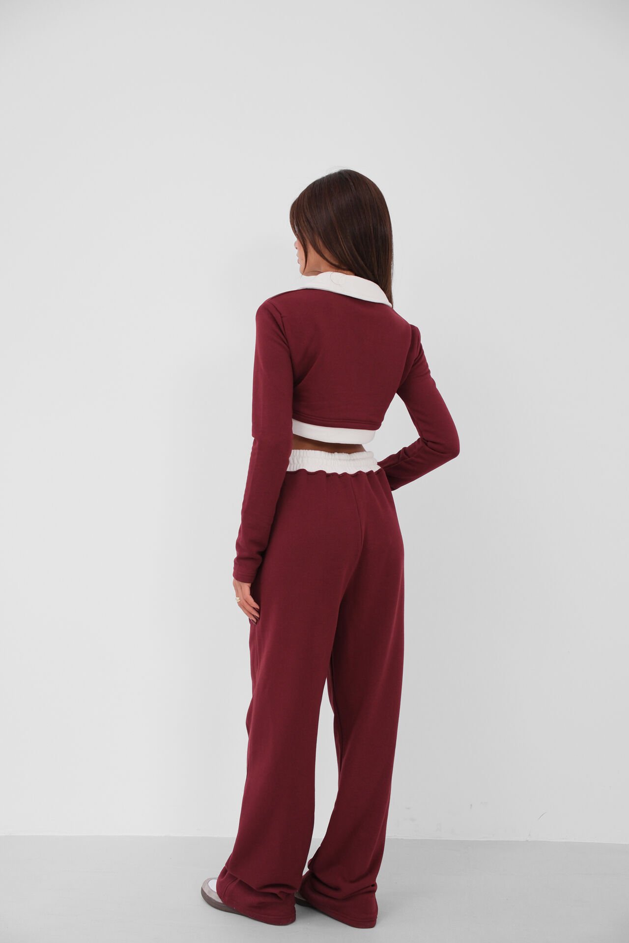Toptan Polo Yaka Garnili Crop Bordo Sweatshirt