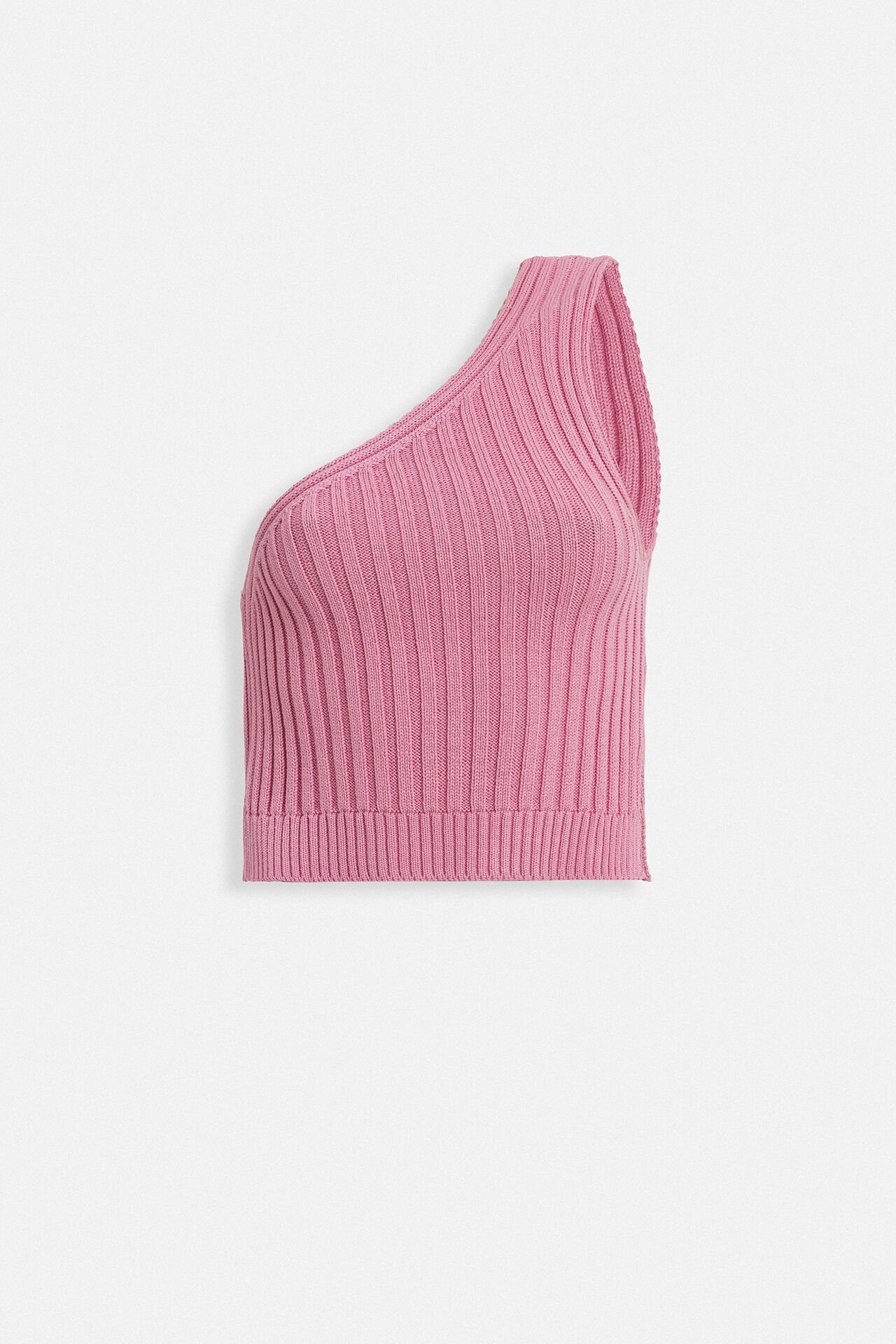 Toptan Tek Omuz Örgü Pembe Bluz