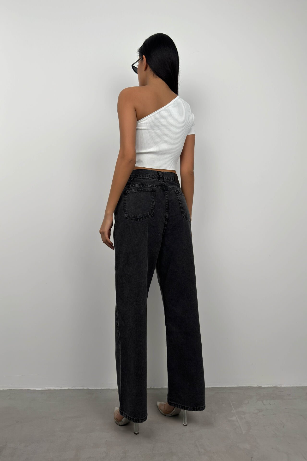 Toptan Düşük Bel Çift Düğmeli Gri Wide Leg Jean