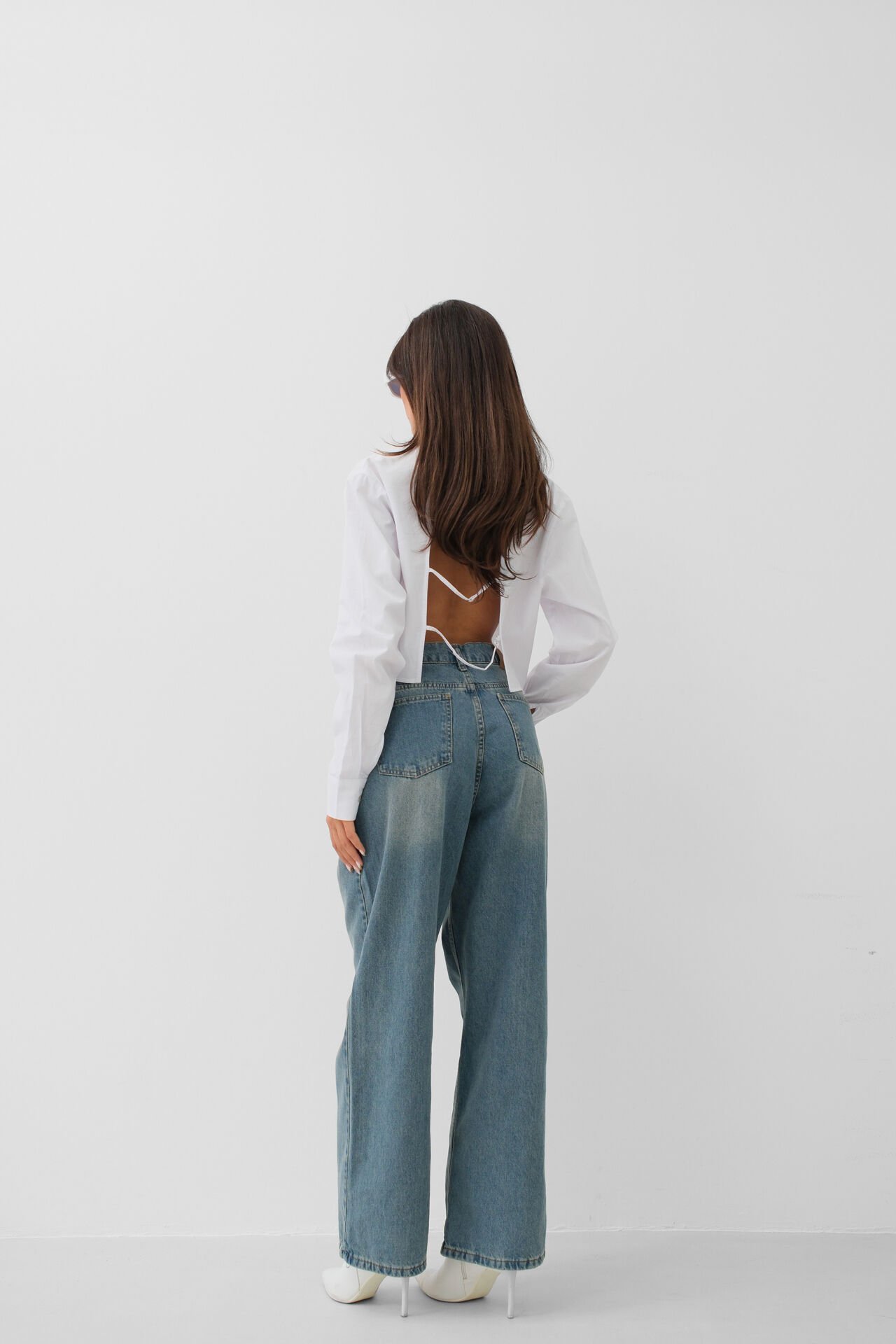 Toptan Düşük Bel Çift Düğmeli Mavi Wide Leg Jean