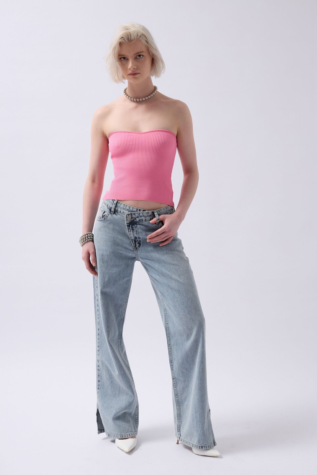 Toptan Straplez Dokulu Pembe Crop