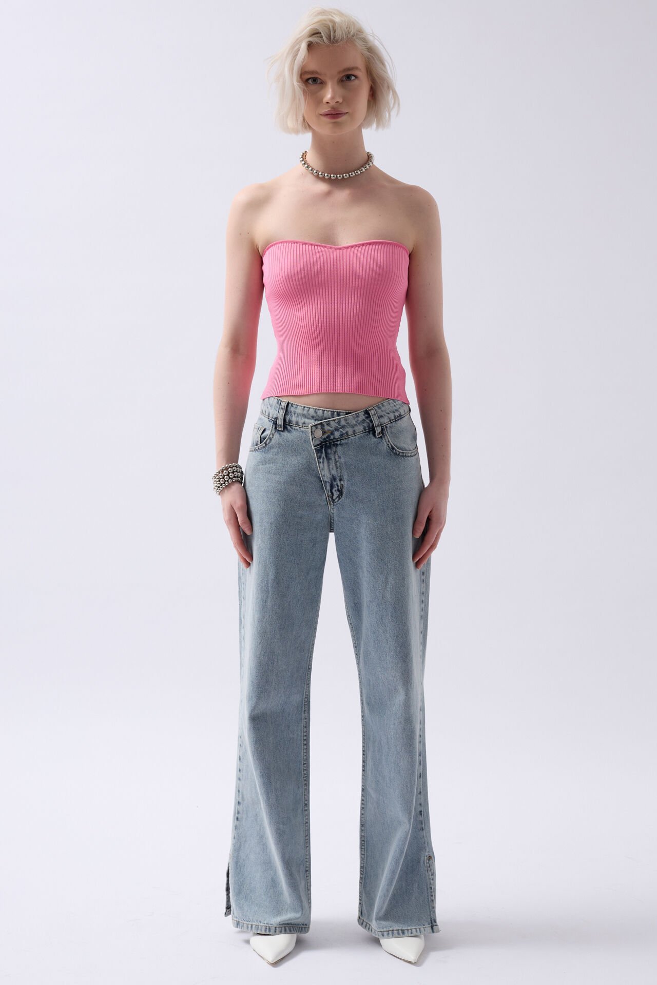 Toptan Straplez Dokulu Pembe Crop