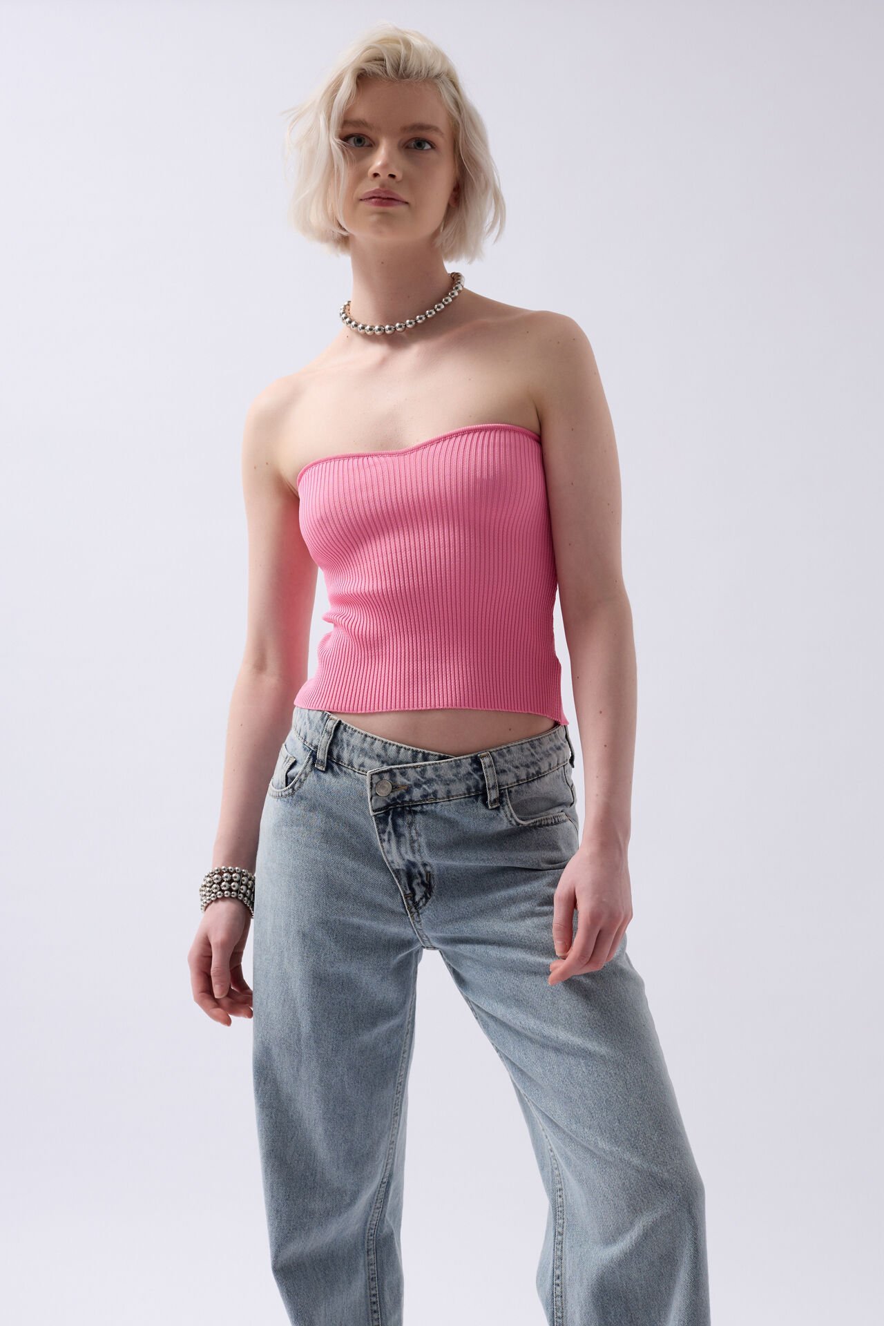 Toptan Straplez Dokulu Pembe Crop