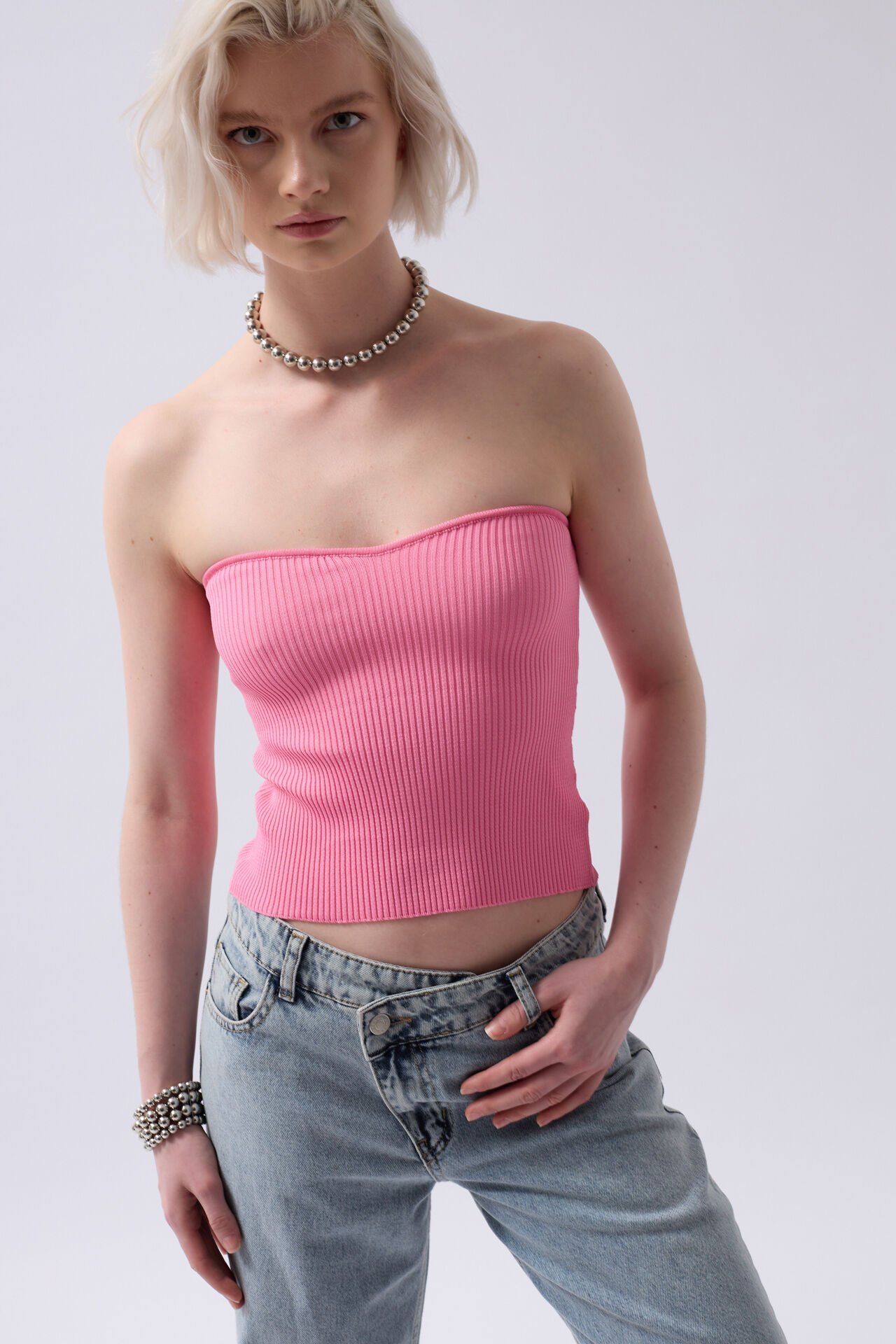 Toptan Straplez Dokulu Pembe Crop