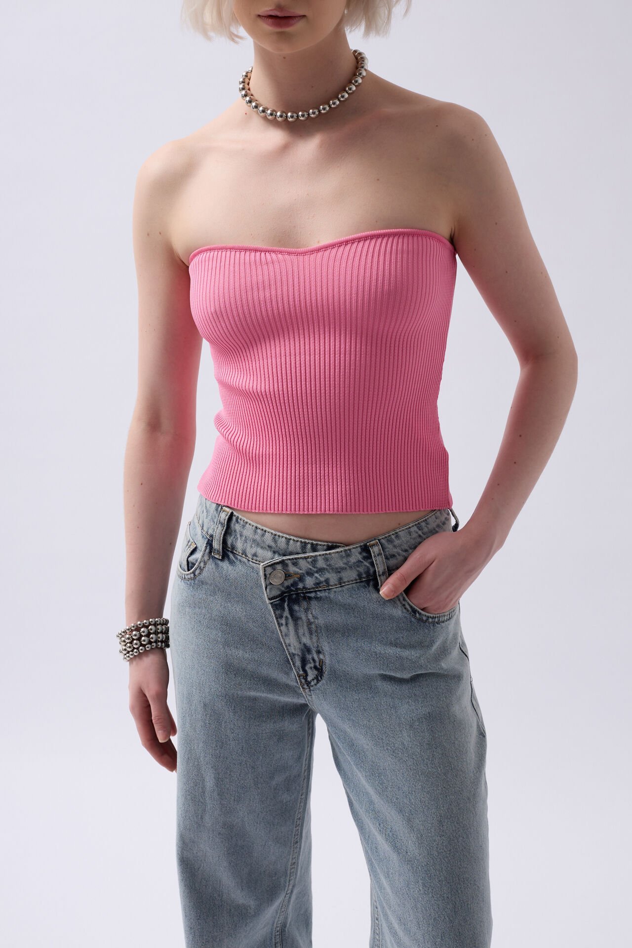 Toptan Straplez Dokulu Pembe Crop