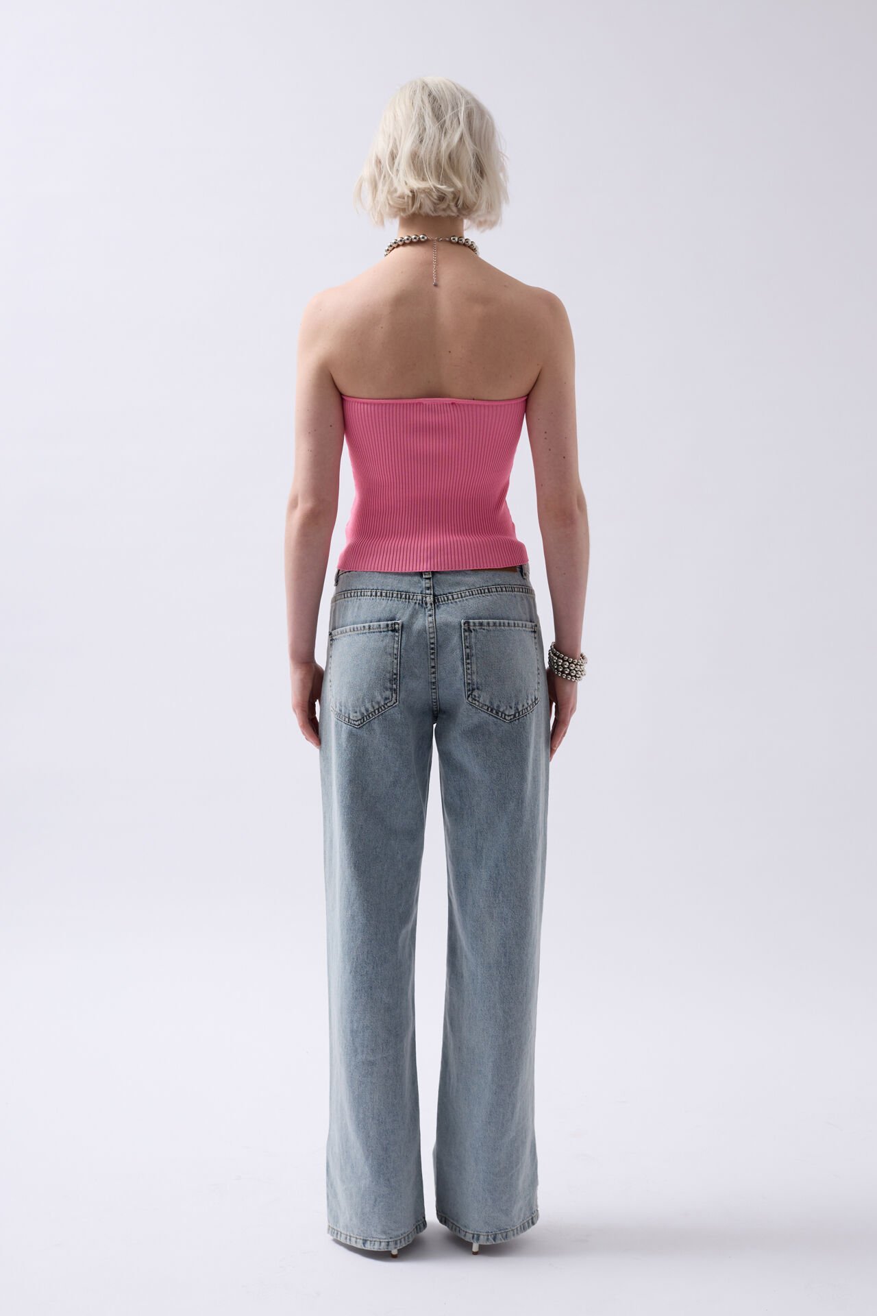 Toptan Straplez Dokulu Pembe Crop