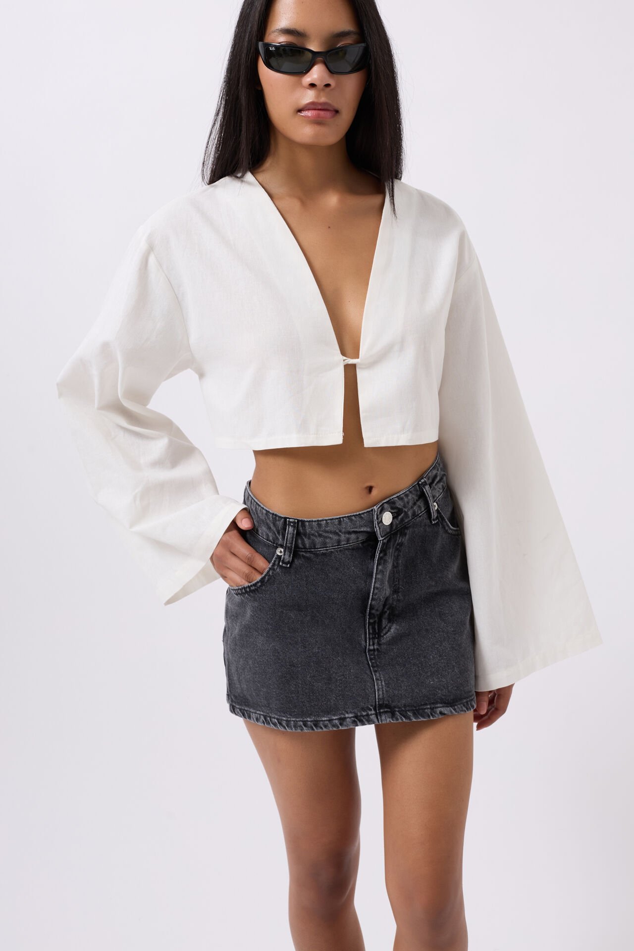 Toptan Asimetrik Bel Denim Mini Siyah Etek