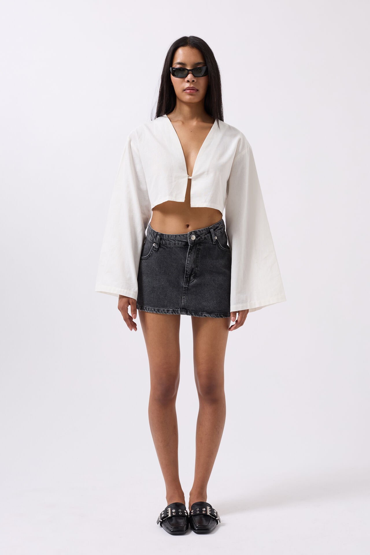 Toptan Asimetrik Bel Denim Mini Siyah Etek