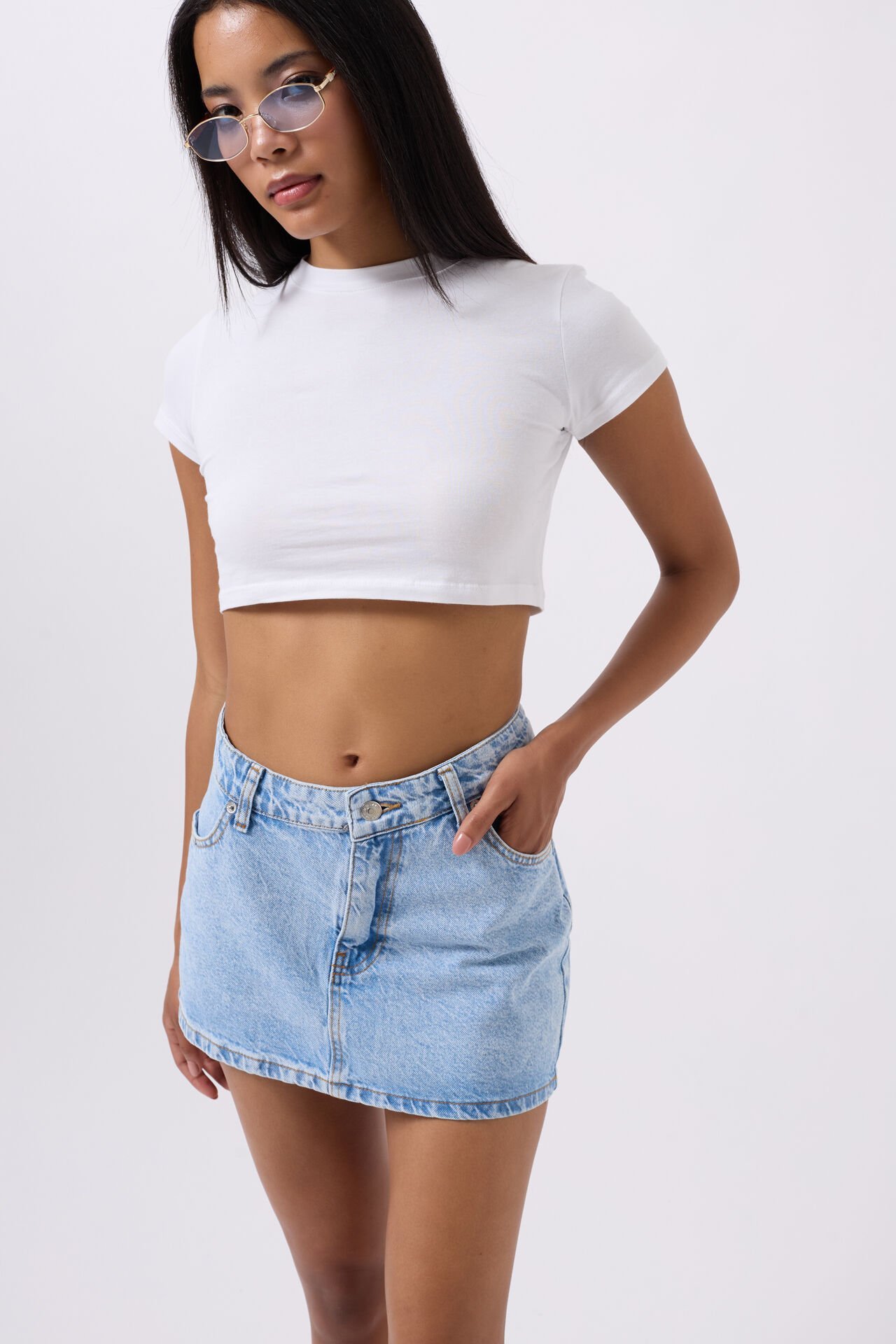 Toptan Asimetrik Bel Denim Mini Mavi Etek