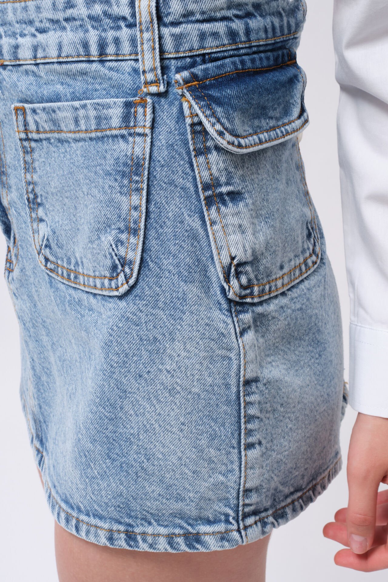 Toptan Cep Detay Denim Mini Mavi Etek