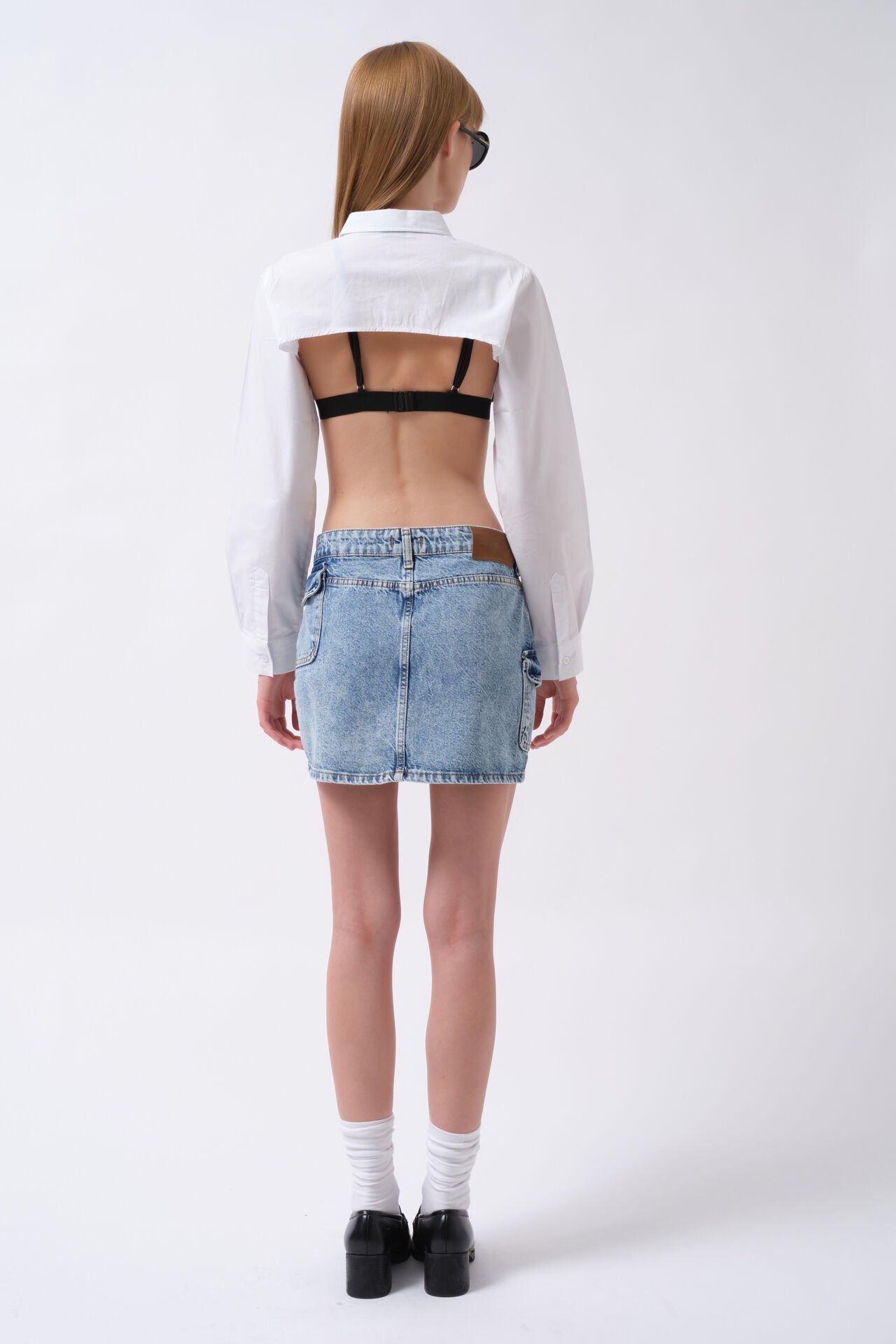 Toptan Cep Detay Denim Mini Mavi Etek