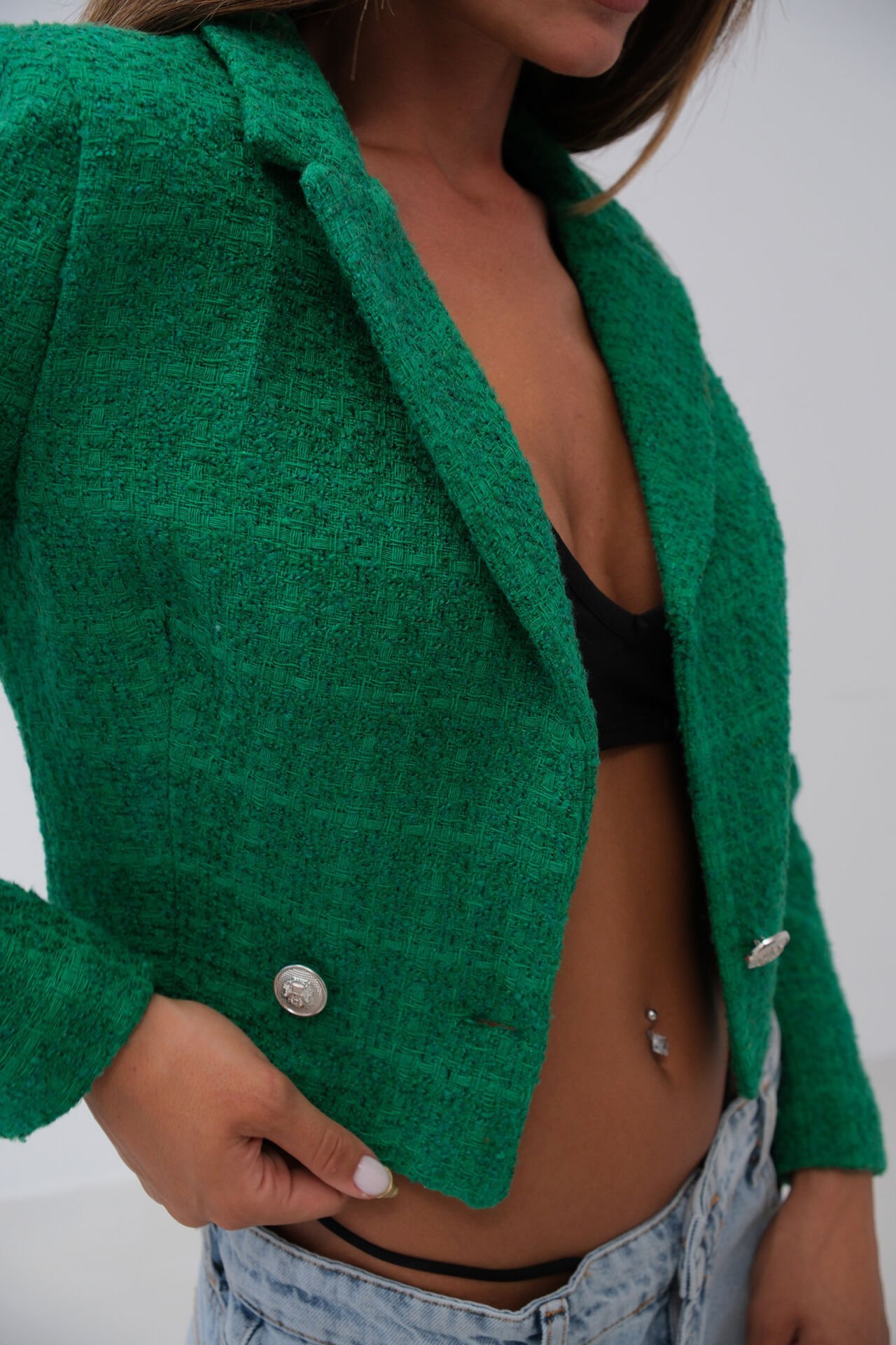 Toptan Tüvit Crop Yeşil Blazer Ceket
