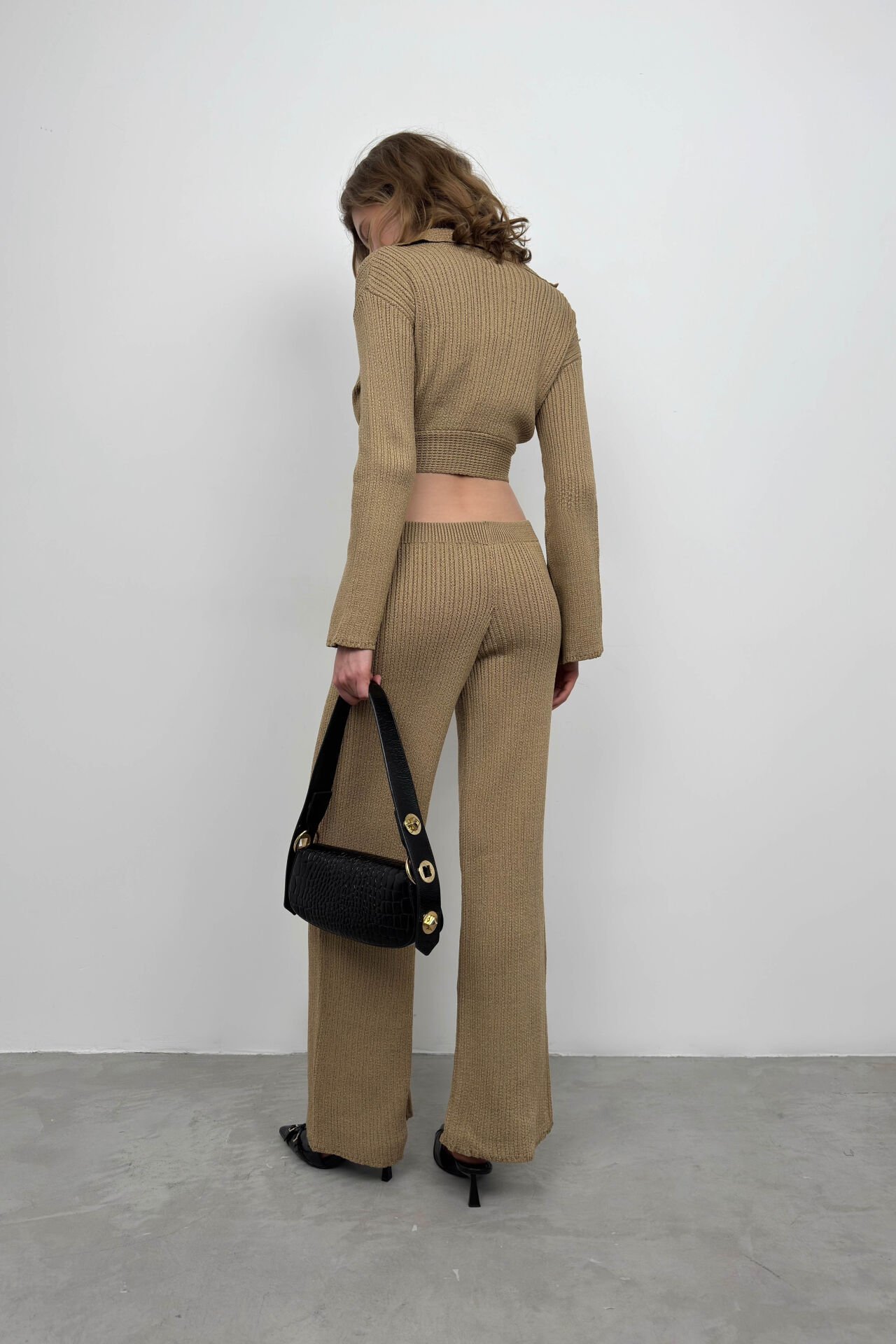 Toptan Polo Yaka Bağlamalı Crop Pantolon Takım