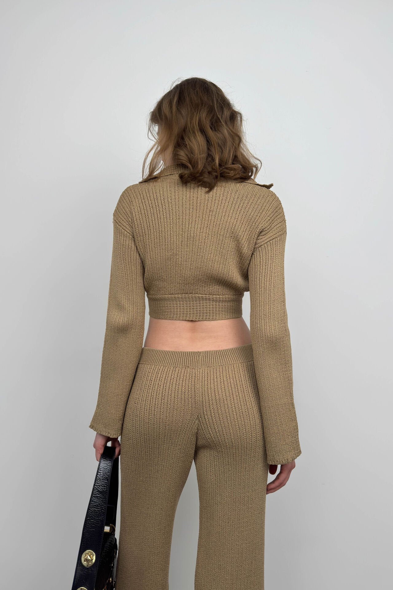 Toptan Polo Yaka Bağlamalı Crop Pantolon Takım