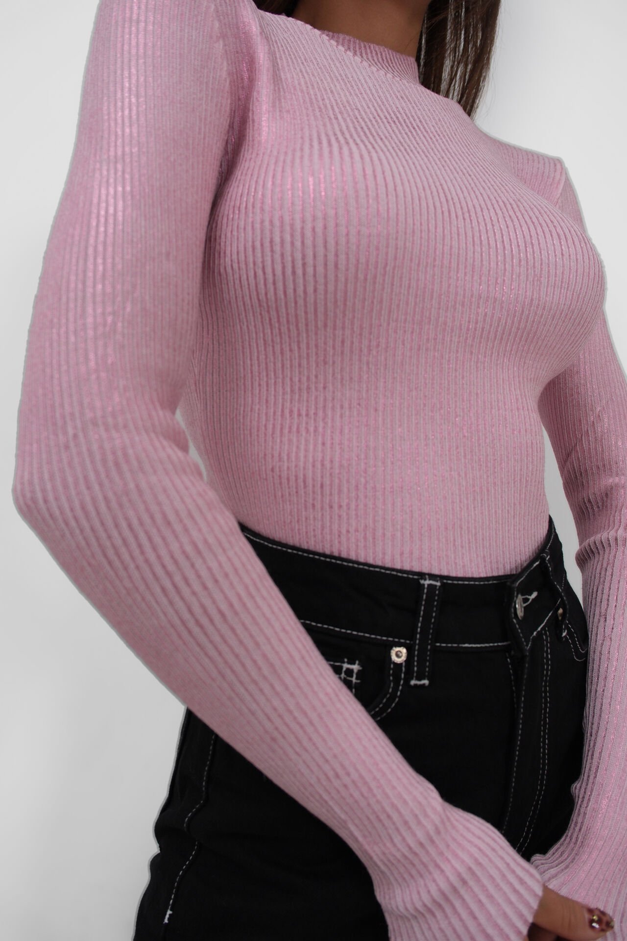 Toptan Balıkçı Yaka Metalik Pembe Triko Bluz
