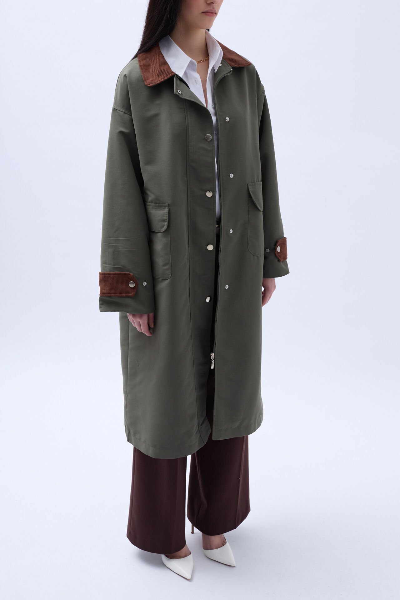 Toptan Yaka Detaylı Oversiz Haki Trençkot