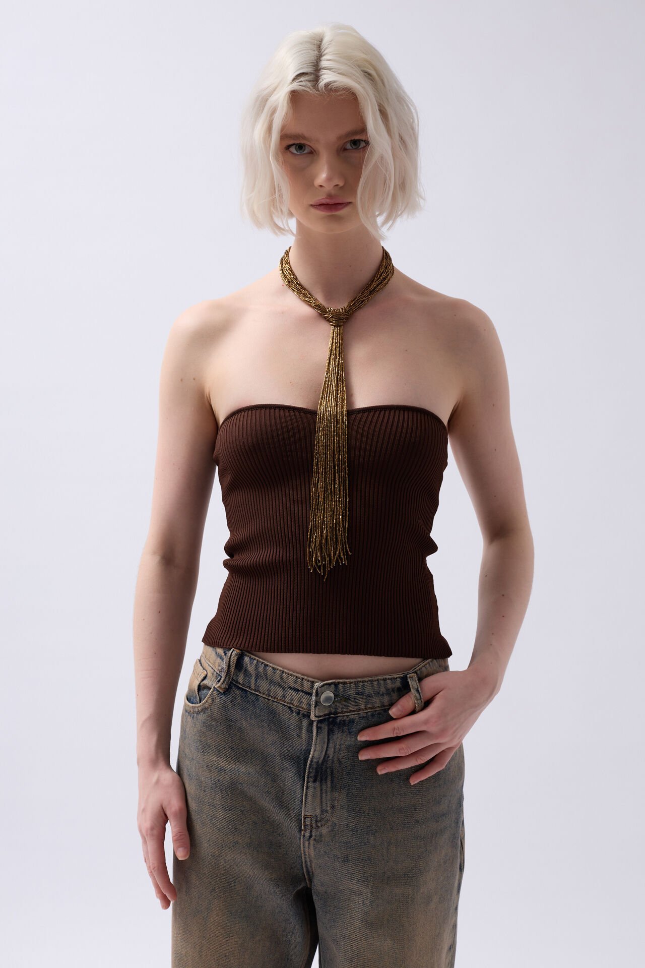 Toptan Straplez Dokulu Kahverengi Crop