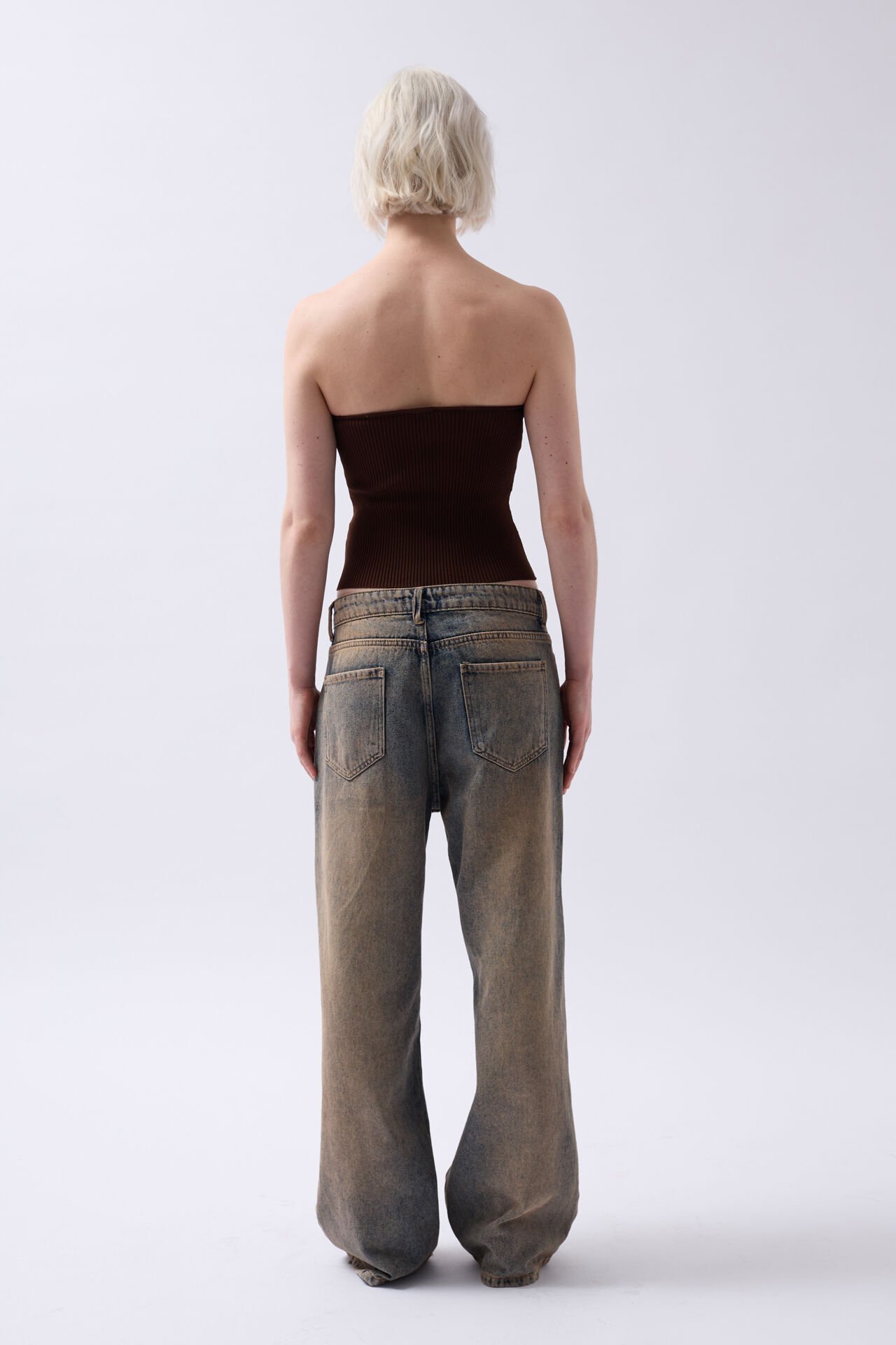 Toptan Straplez Dokulu Kahverengi Crop