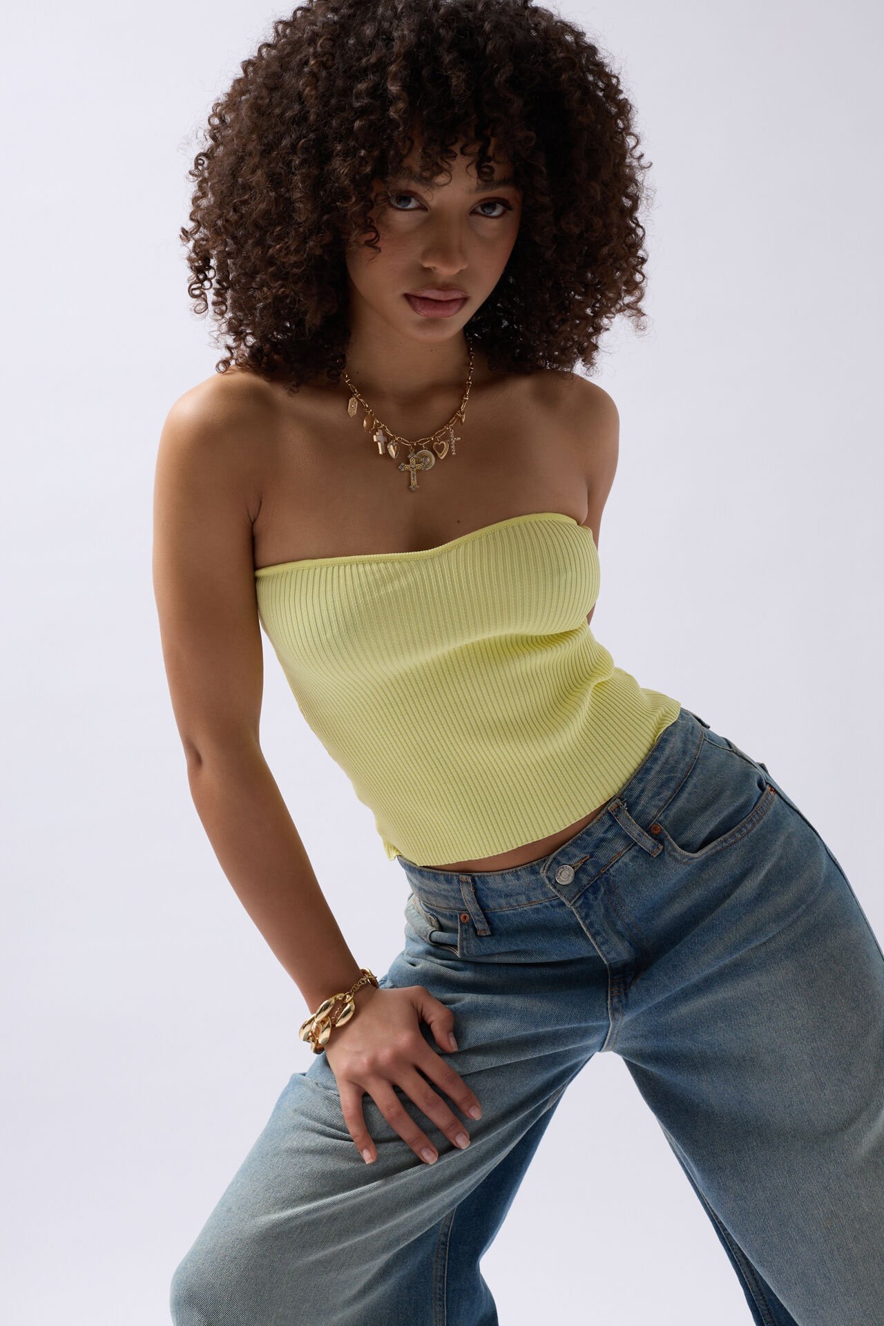 Toptan Straplez Dokulu Sarı Crop