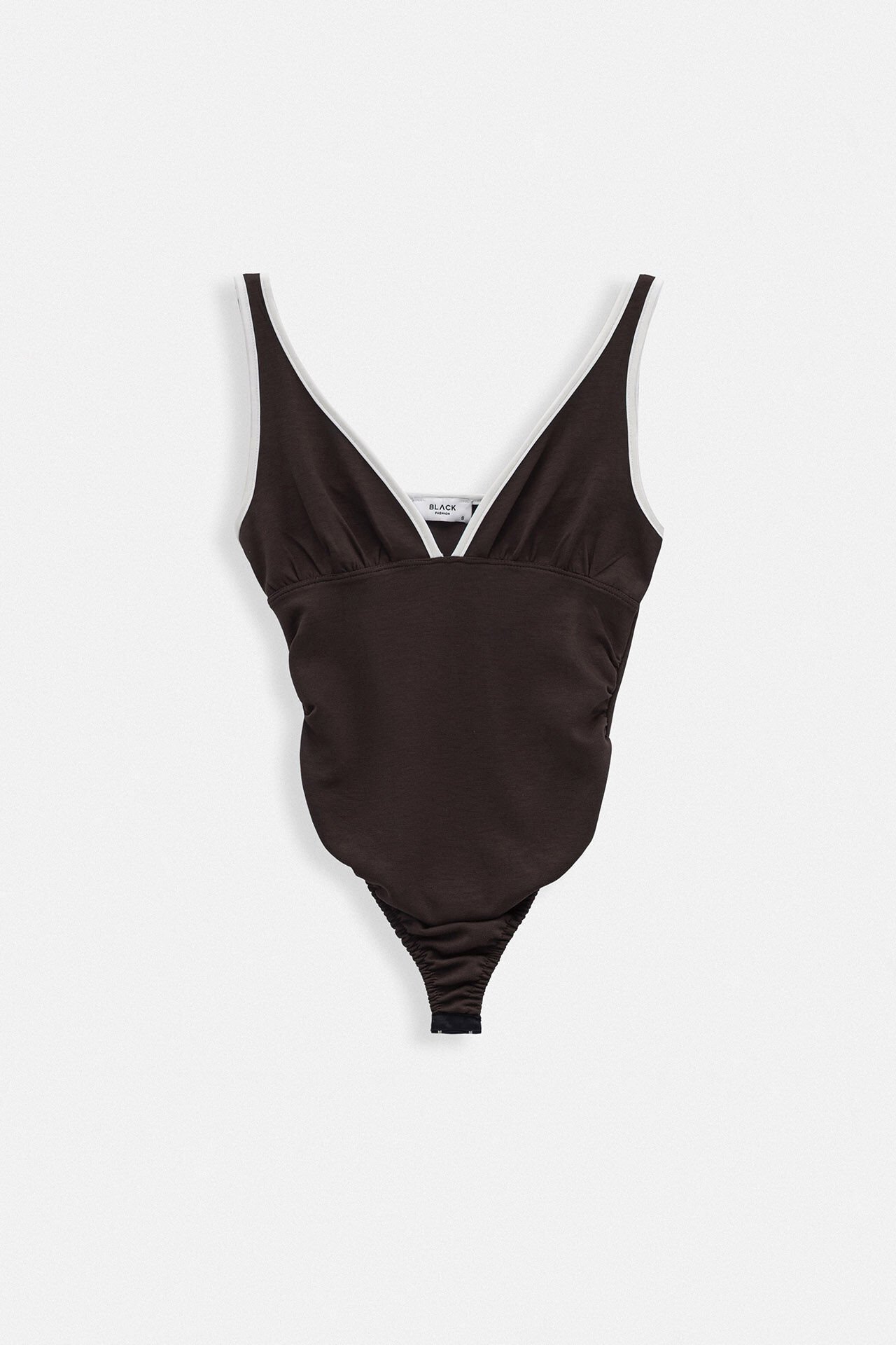 Toptan V Yaka Biye Detay Kahverengi Bodysuit