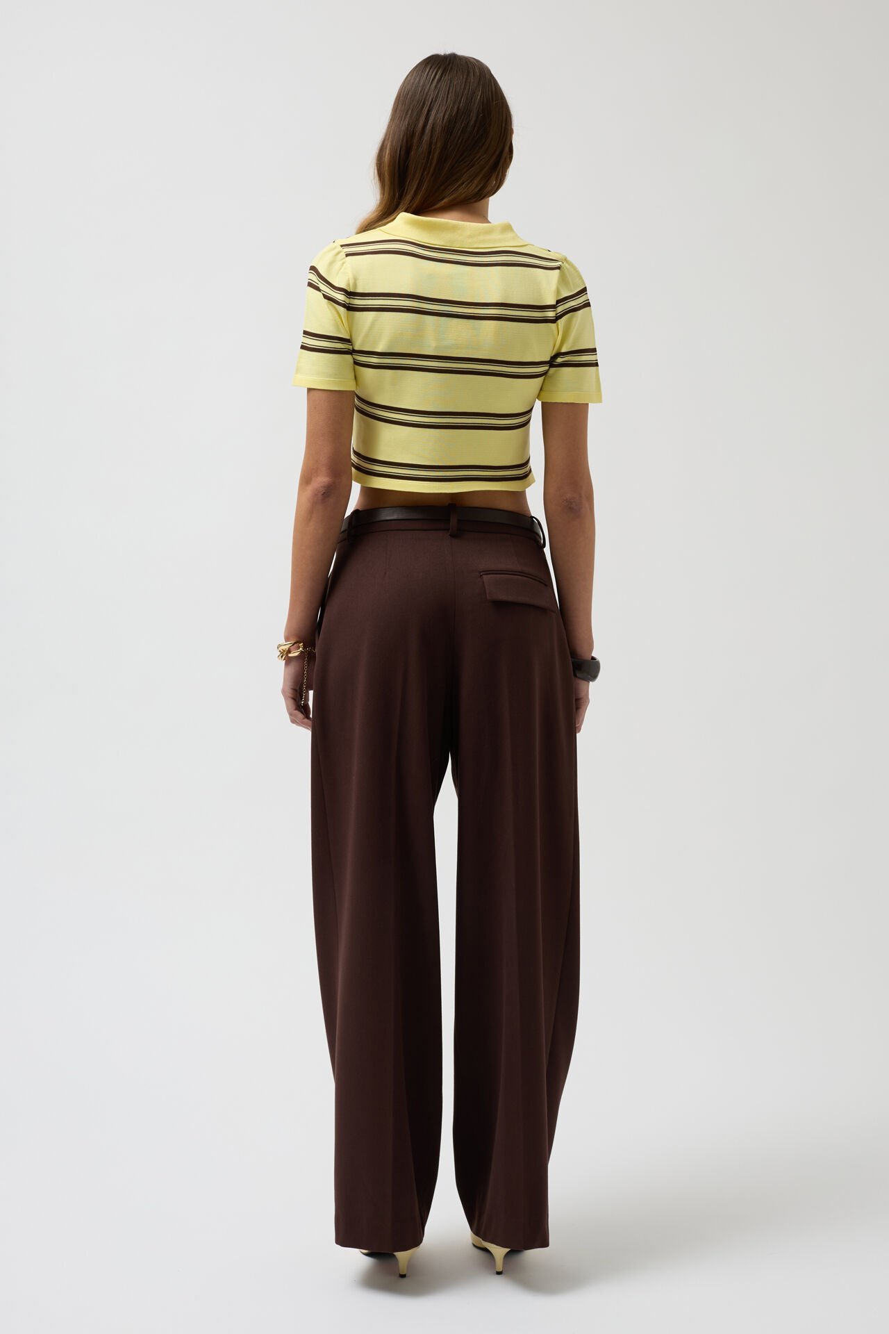 Toptan Polo Yaka Crop Sarı T-Shirt