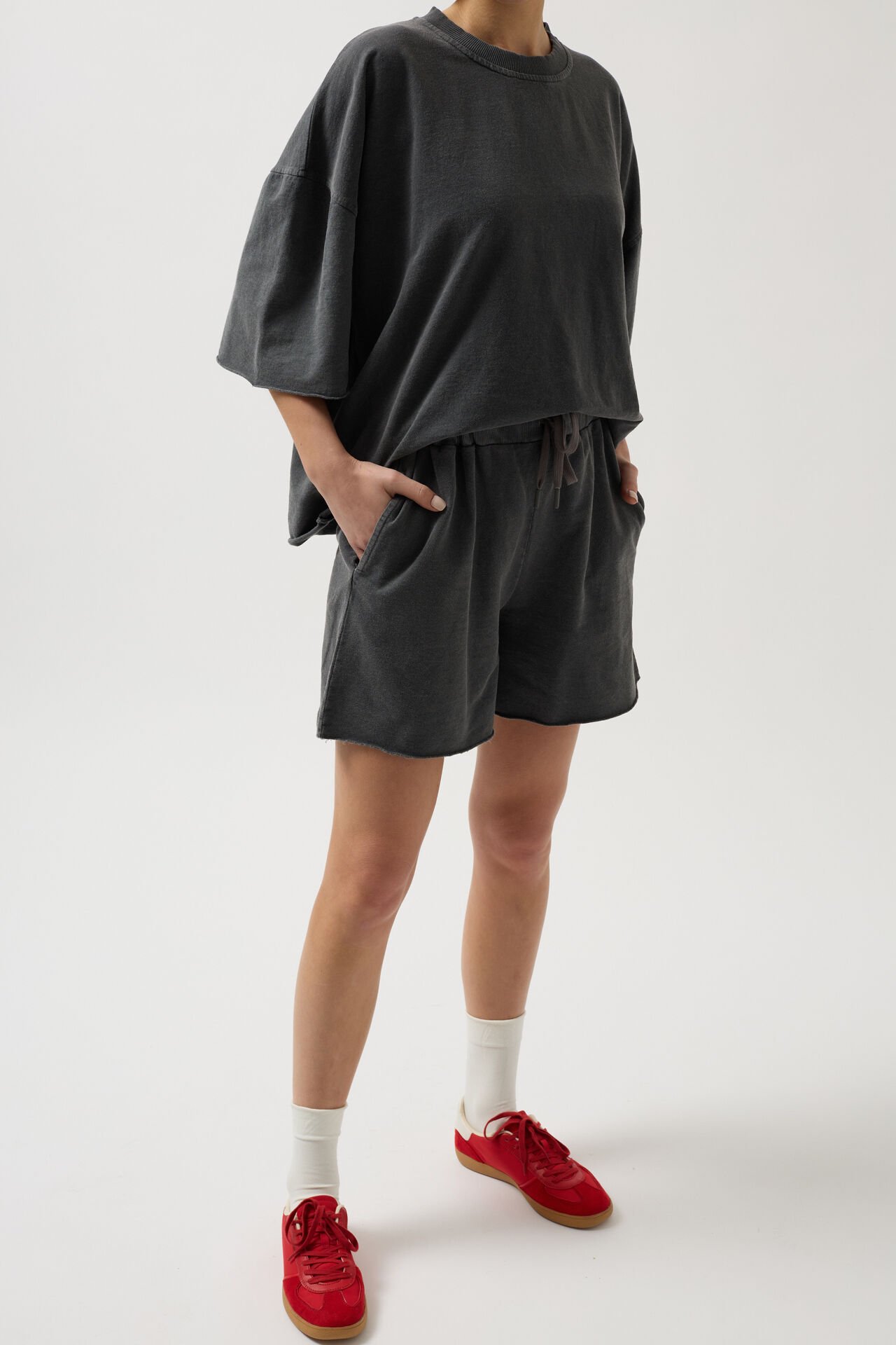 Toptan Oversize Lazer Kesim Bisiklet Yaka Antrasit T-Shirt