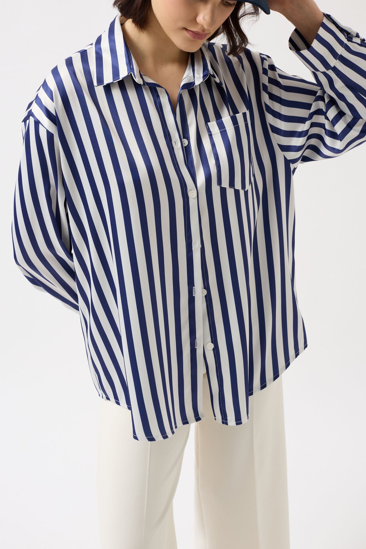 Wholesale Striped Satin Navy Blue Shirt