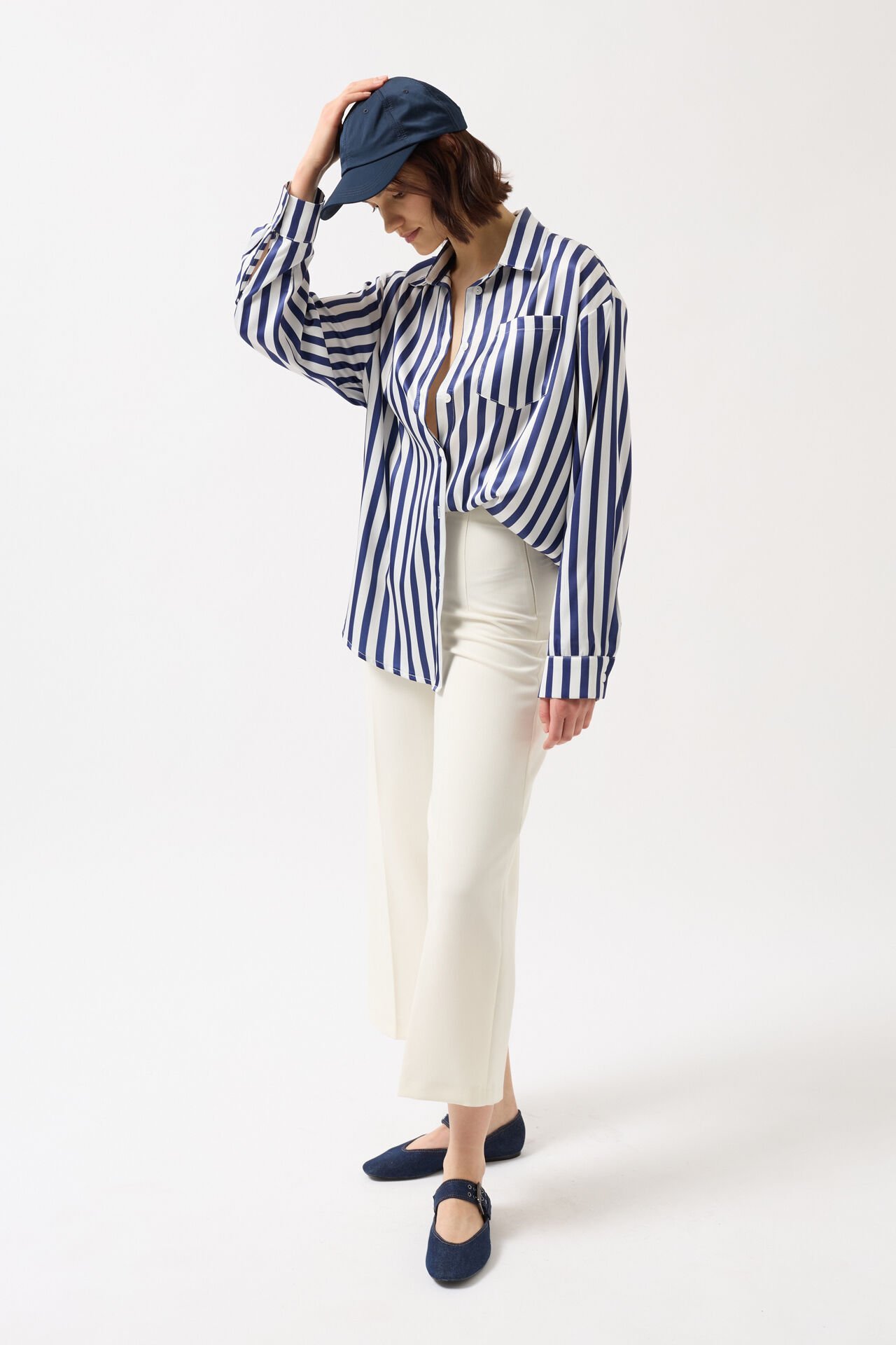 Wholesale Striped Satin Navy Blue Shirt