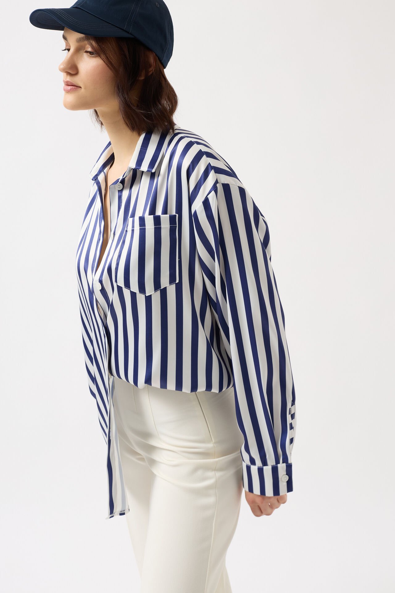 Wholesale Striped Satin Navy Blue Shirt