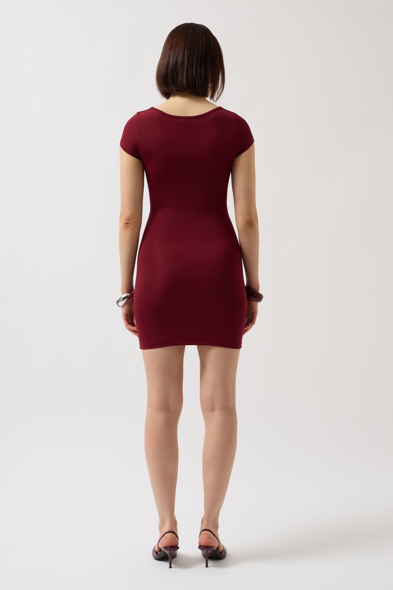 Toptan Pencere Detay Mini Dekolte Bordo Elbise