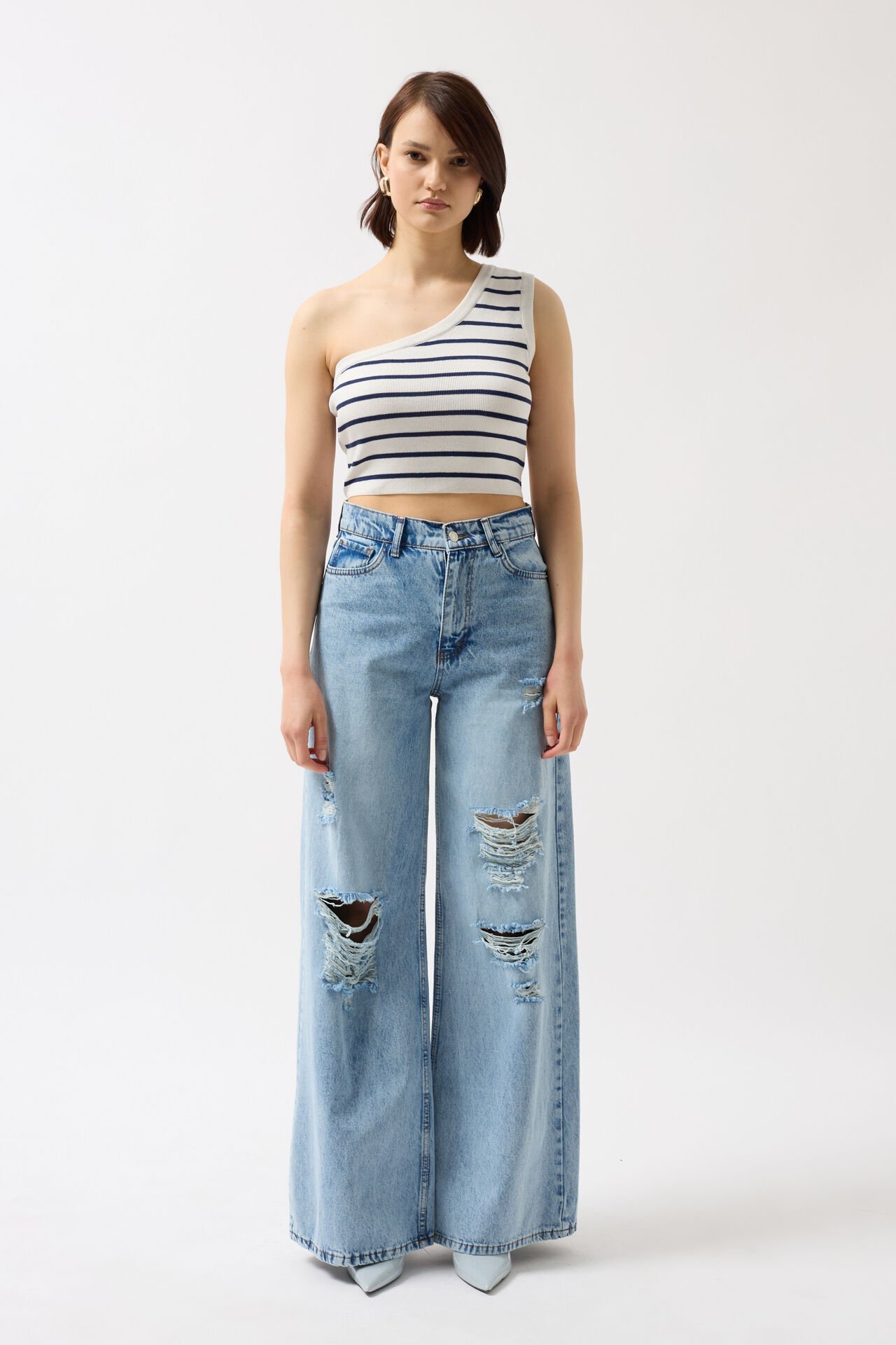 Toptan Tek Omuz Çizgili Beyaz Lacivert Crop