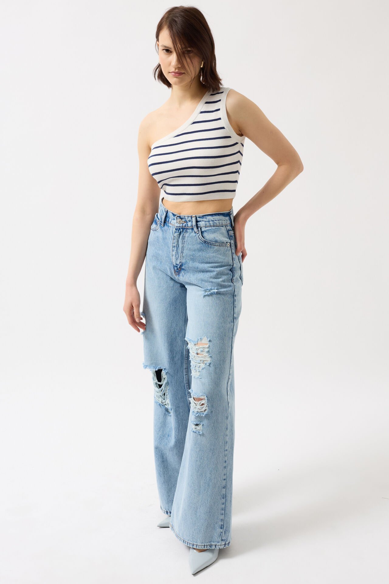 Toptan Tek Omuz Çizgili Beyaz Lacivert Crop