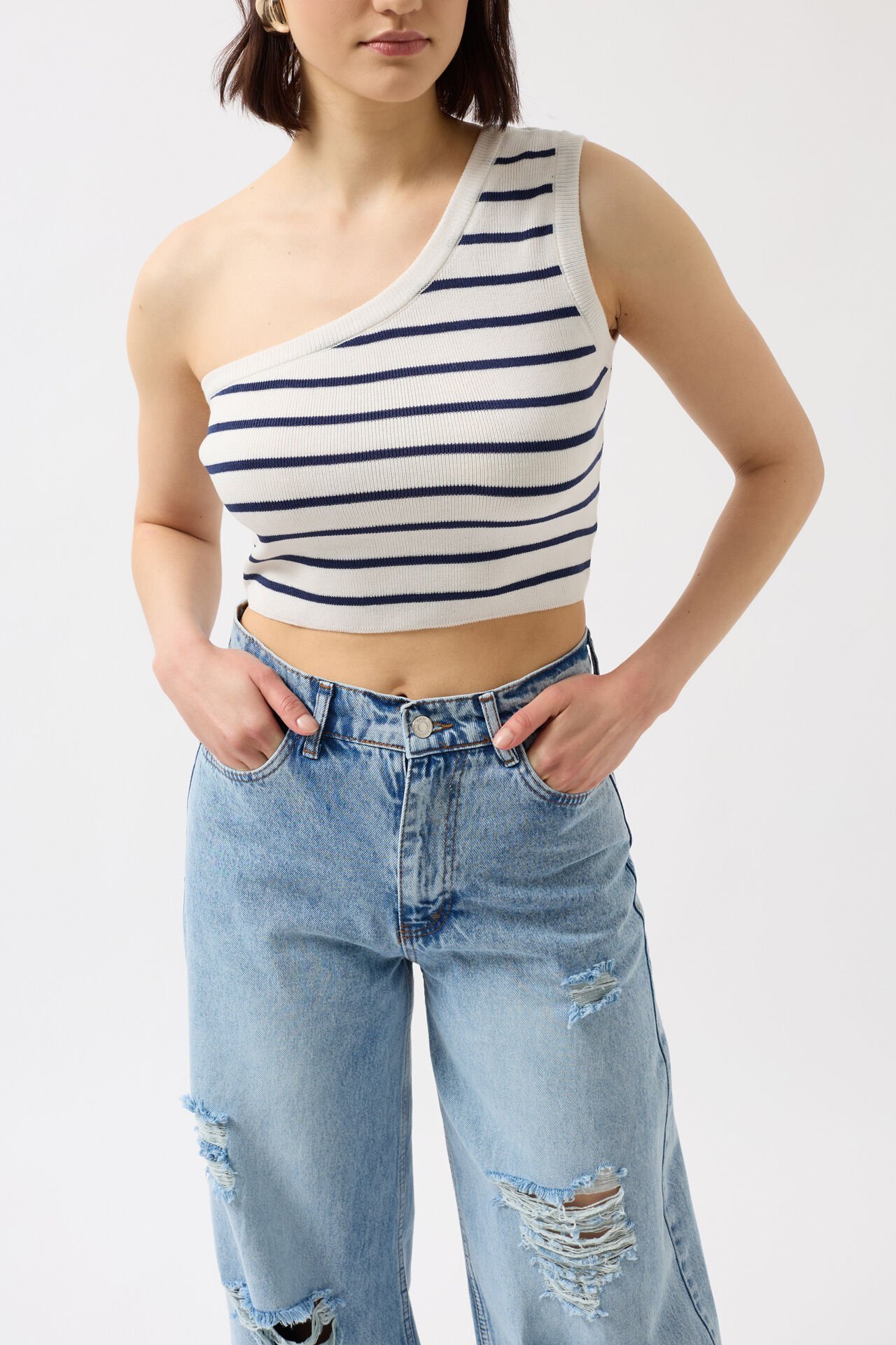 Toptan Tek Omuz Çizgili Beyaz Lacivert Crop