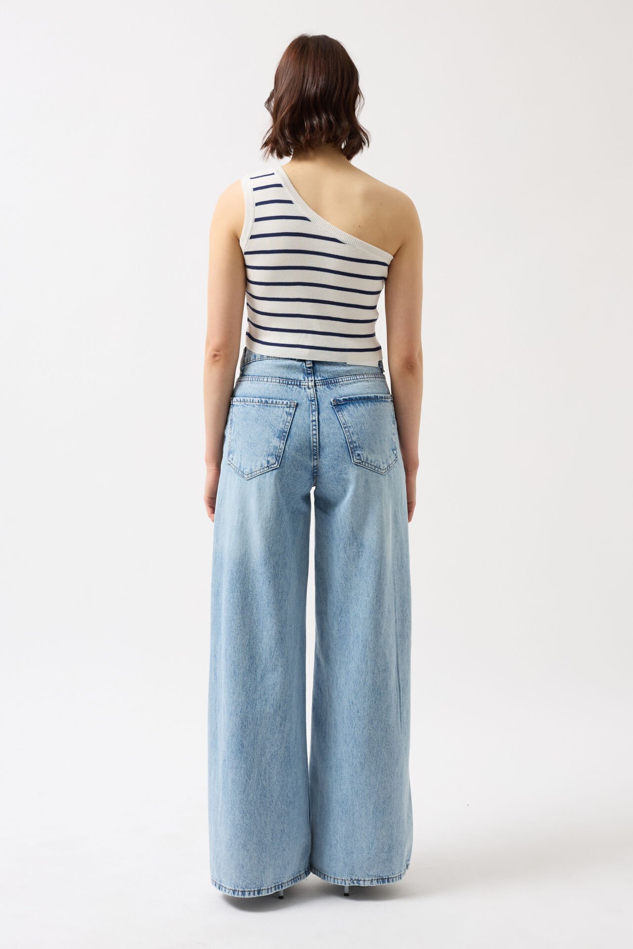 Toptan Tek Omuz Çizgili Beyaz Lacivert Crop