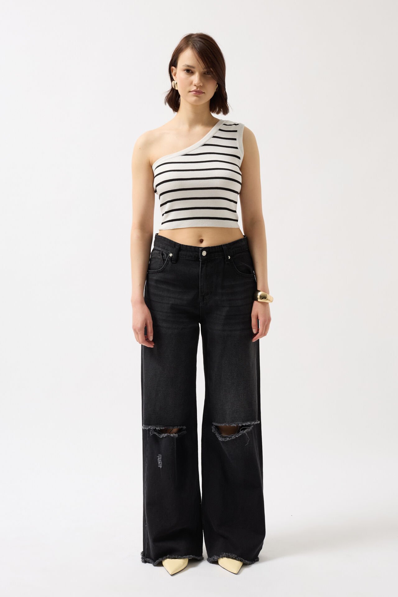 Toptan Tek Omuz Çizgili Beyaz Siyah Crop