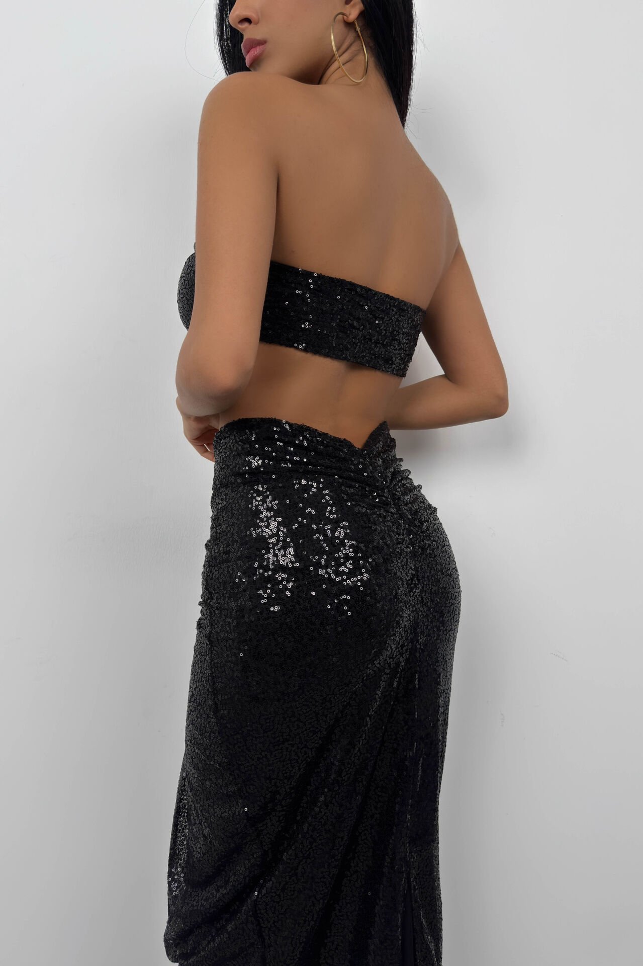Toptan Payetli Straplez Siyah Crop Etek Takım
