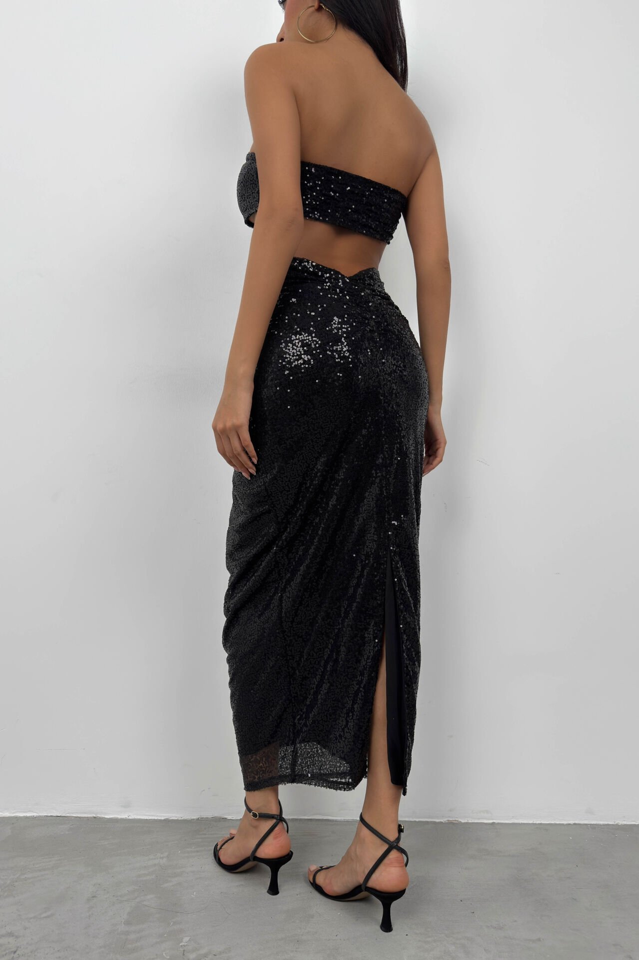 Toptan Payetli Straplez Siyah Crop Etek Takım